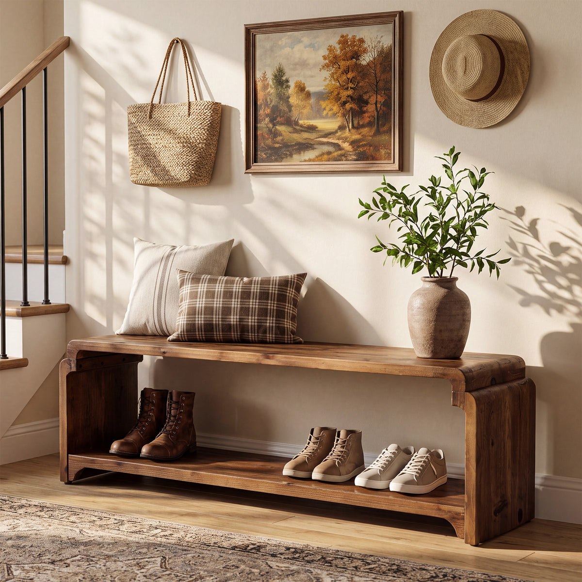 55.12" Solid Wood Entryway Shoe Bench with Storage, Farmhouse Storage Bench for Hallway