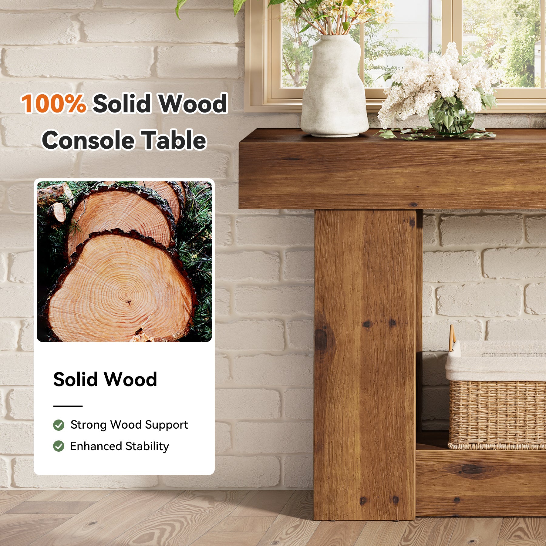 2-Tier Solid Wood Console Table, 63" Entryway Table with U-Shaped Base