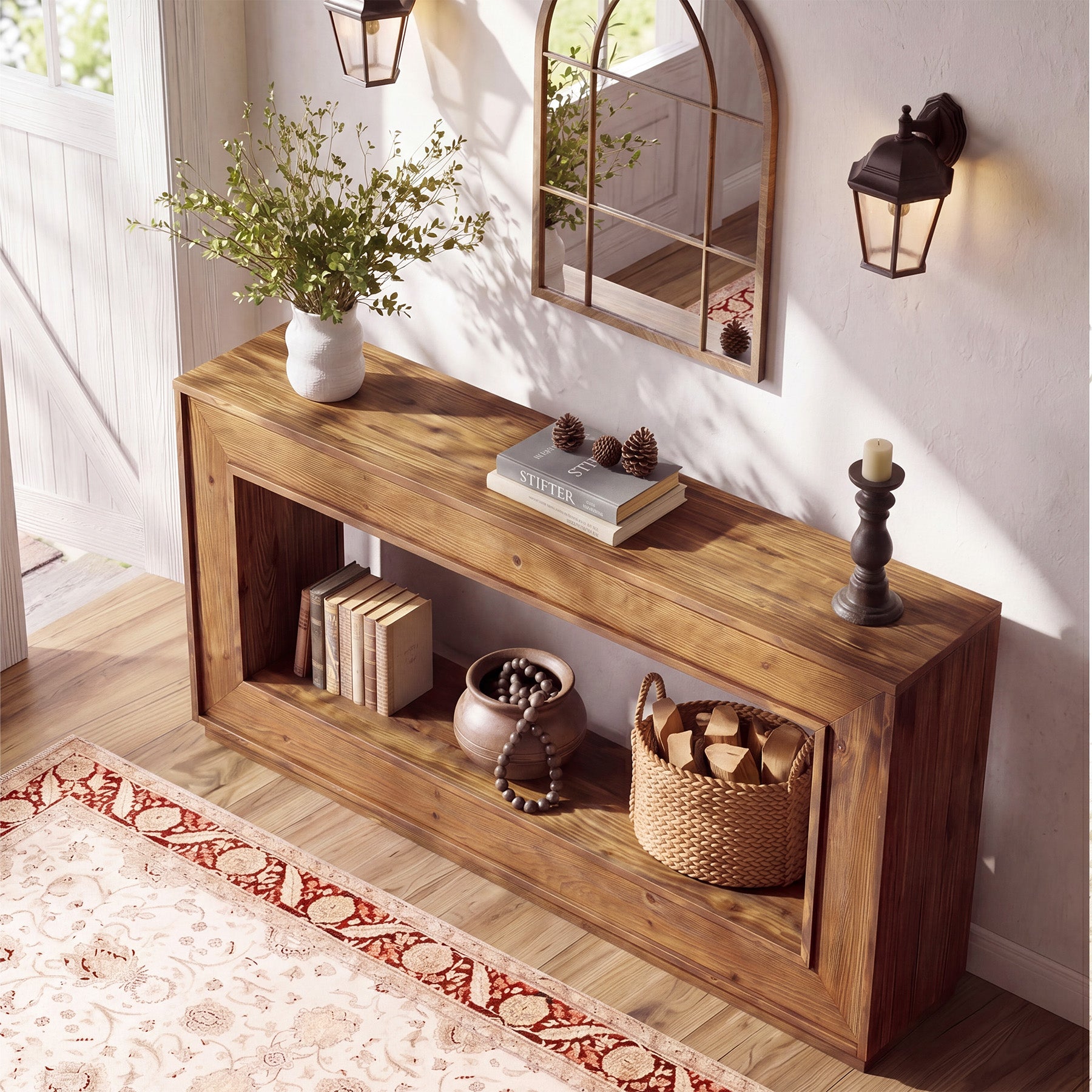 63" Solid Wood Console Table, Farmhouse Entryway Table with Storage for Living Room