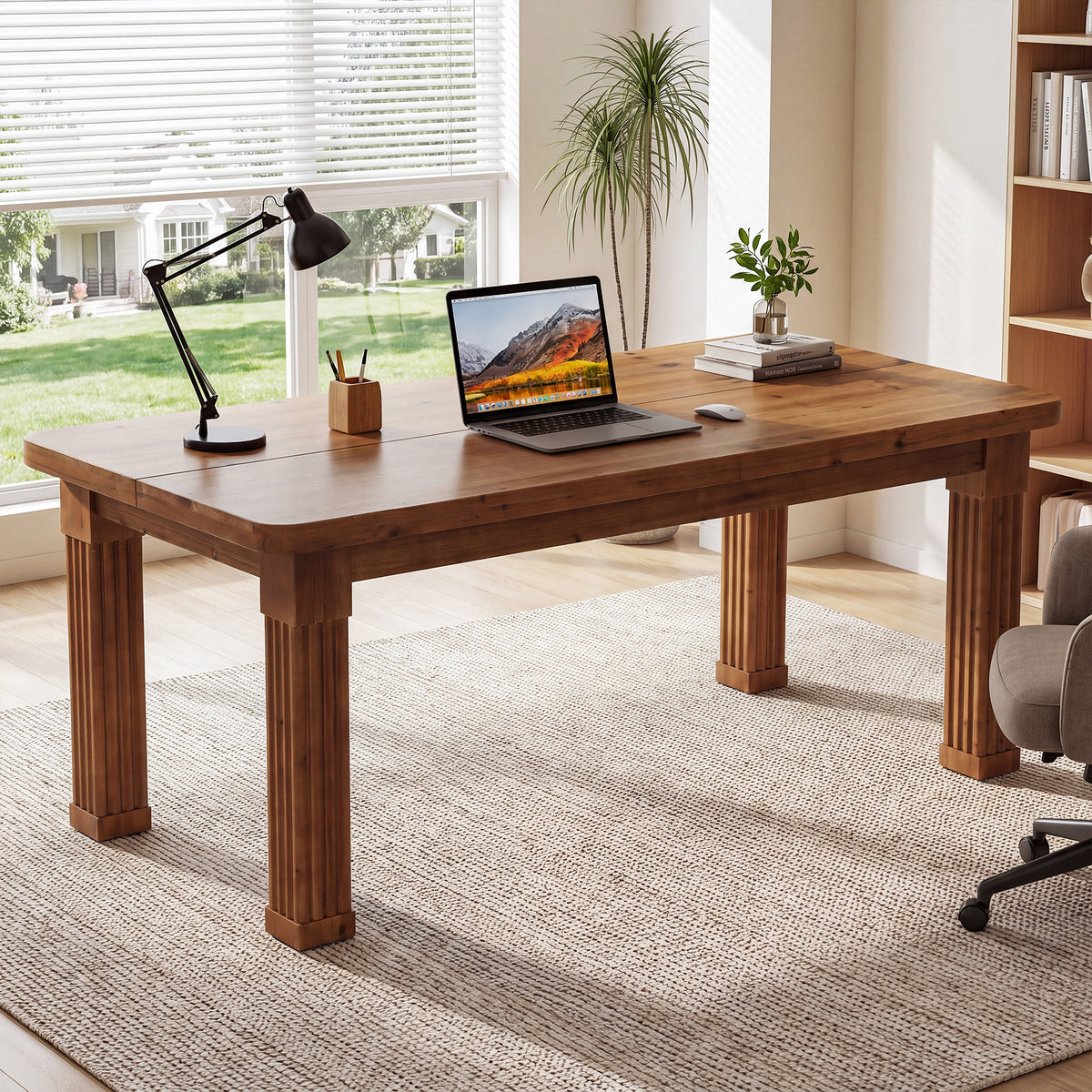 63" Farmhouse Solid Wood Executive Desk with Fluted Legs, Farmhouse Home Office Desk