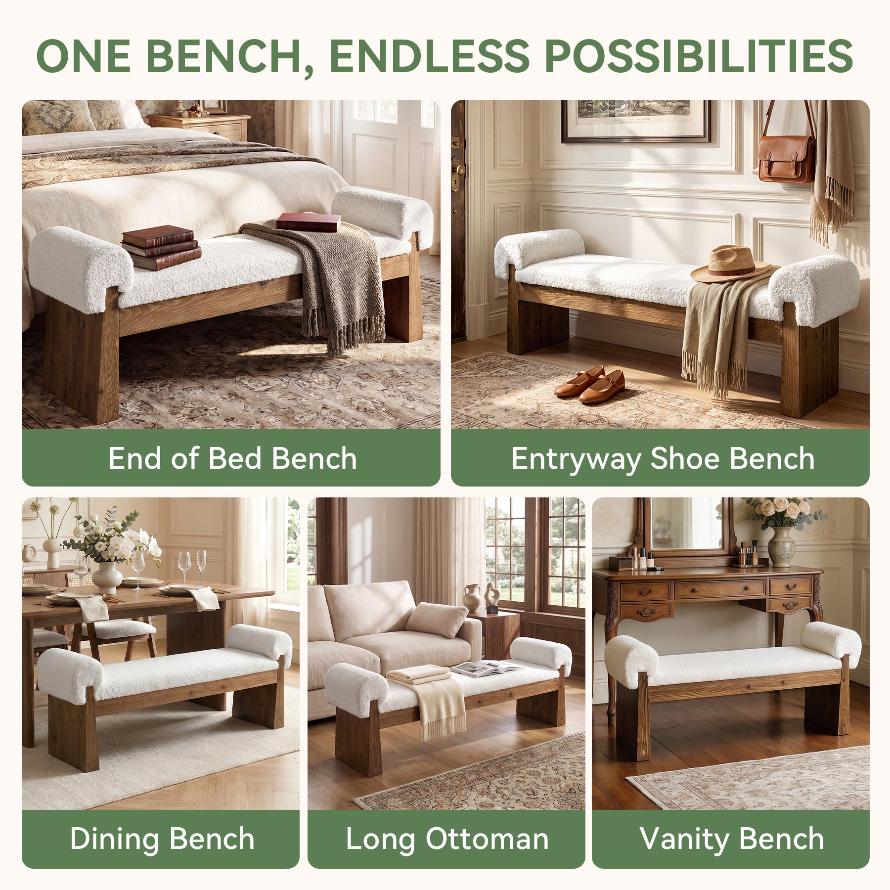 Solid Wood Cushioned Bench, Upholstered Entryway Bench End of Bed Bench