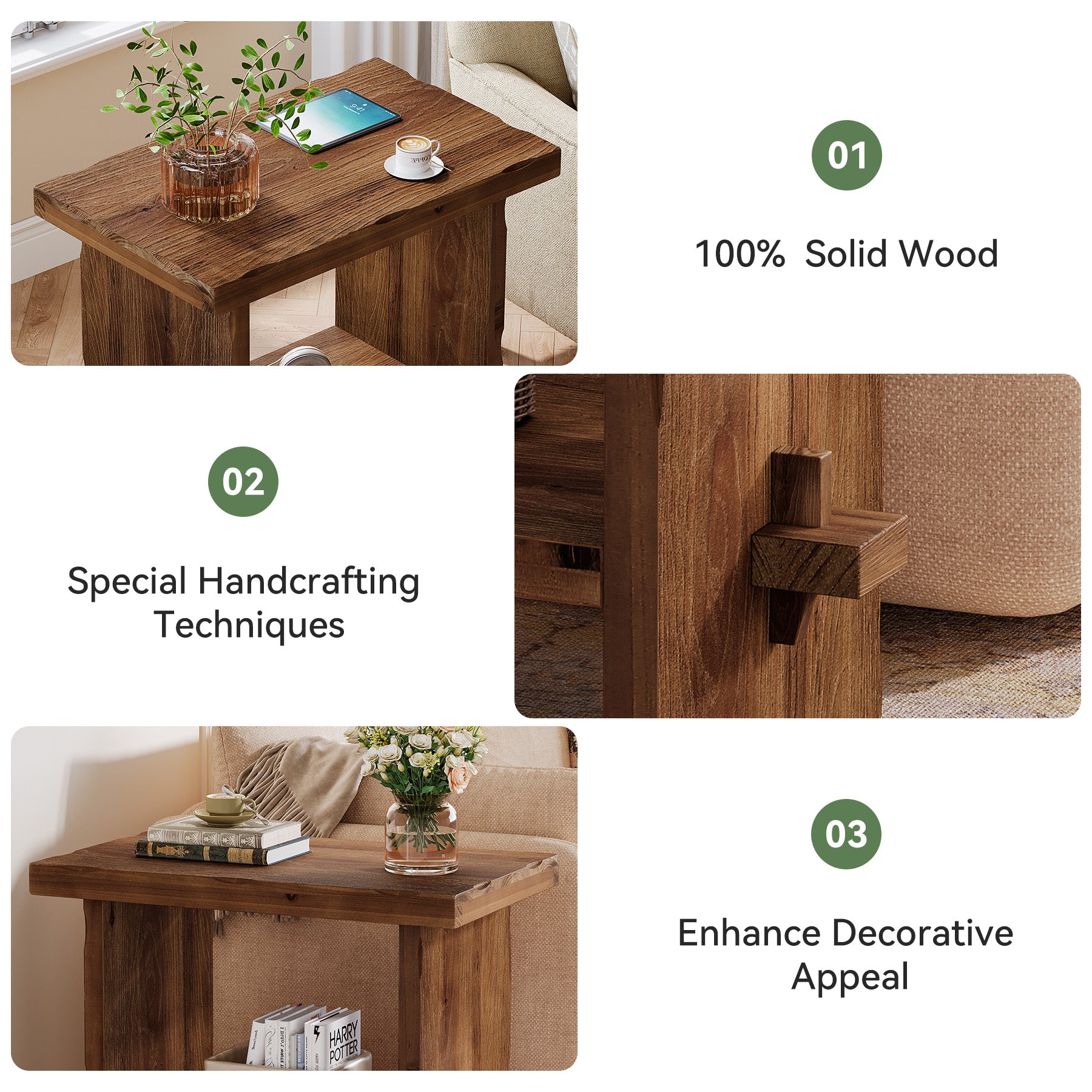 Tribesigns 23.62-Inch Solid Wood Side Table, Wooden End Table with Solid Base