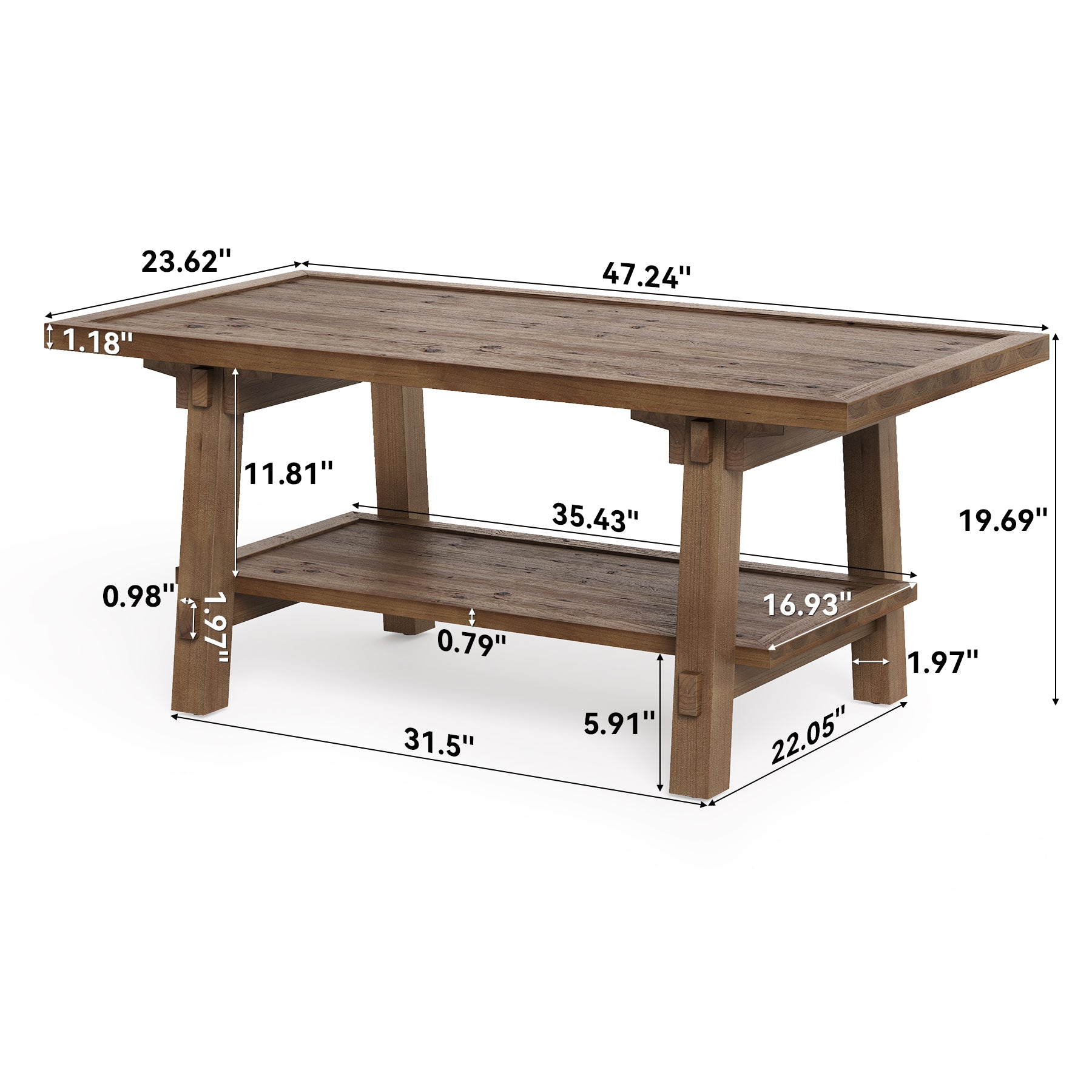 Solid Wood Coffee Table, 47" Rectangle Center Table with 2-Tier Shelves