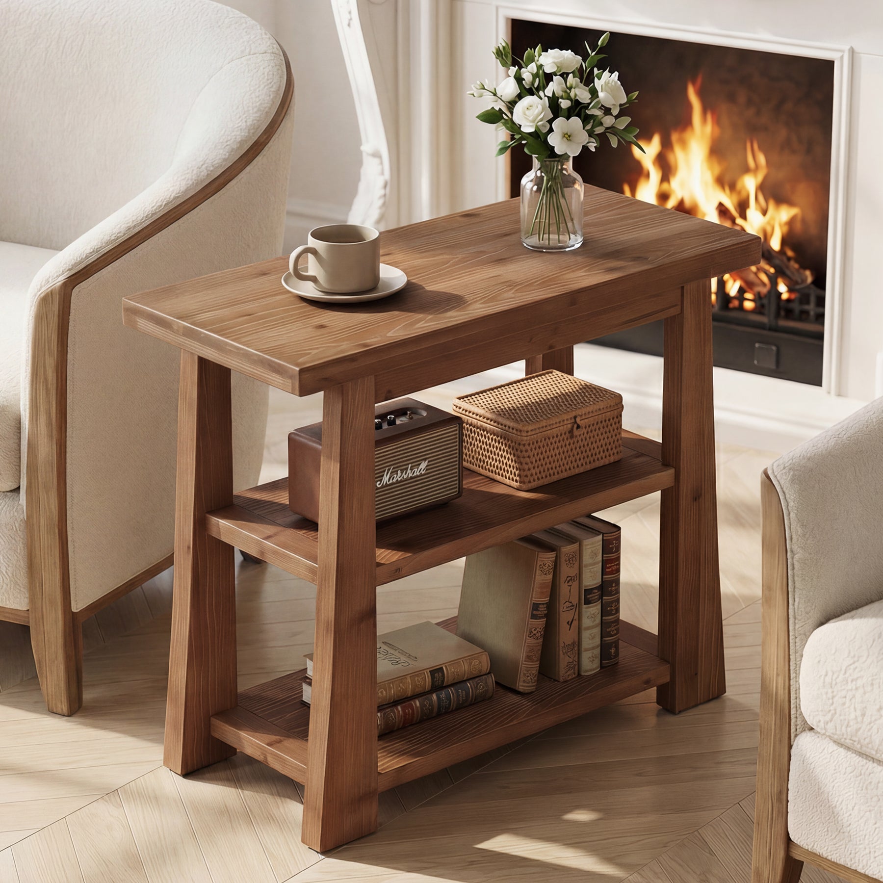 27.5" Wooden End Table, Narrow Nightstand with 3 Tier Storage Shelves for Living Room
