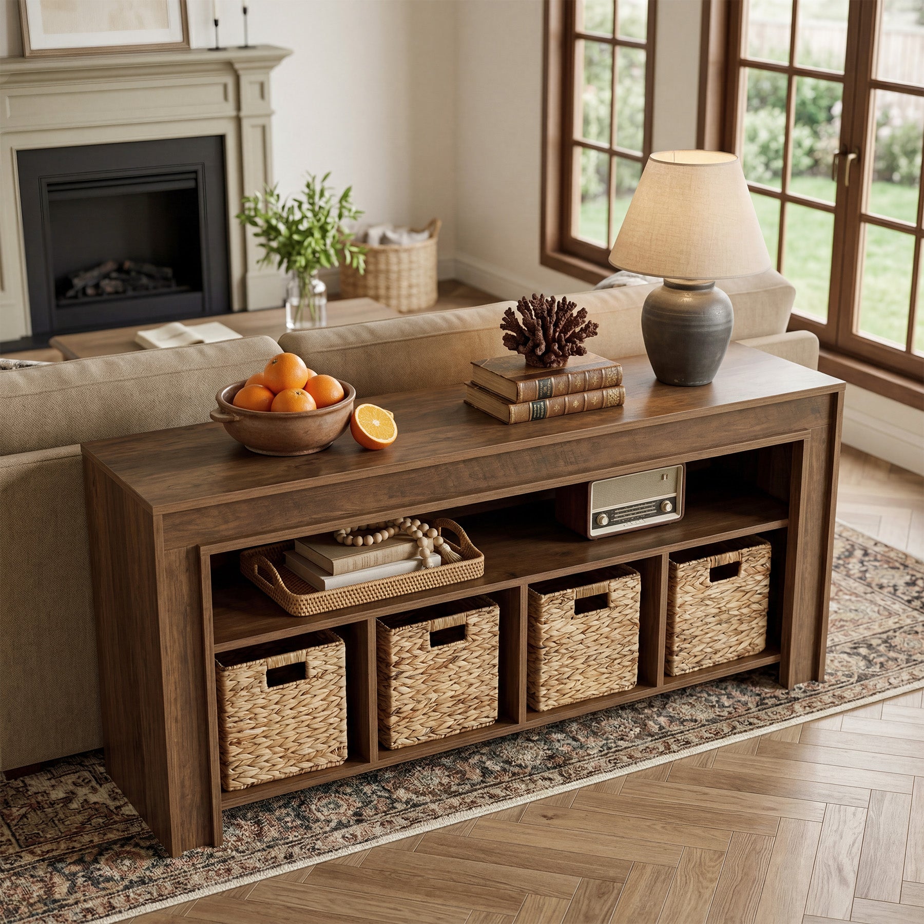 63" Farmhouse TV Stand for 55–70 Inch TVs, Media Console with Baskets & Open Storage
