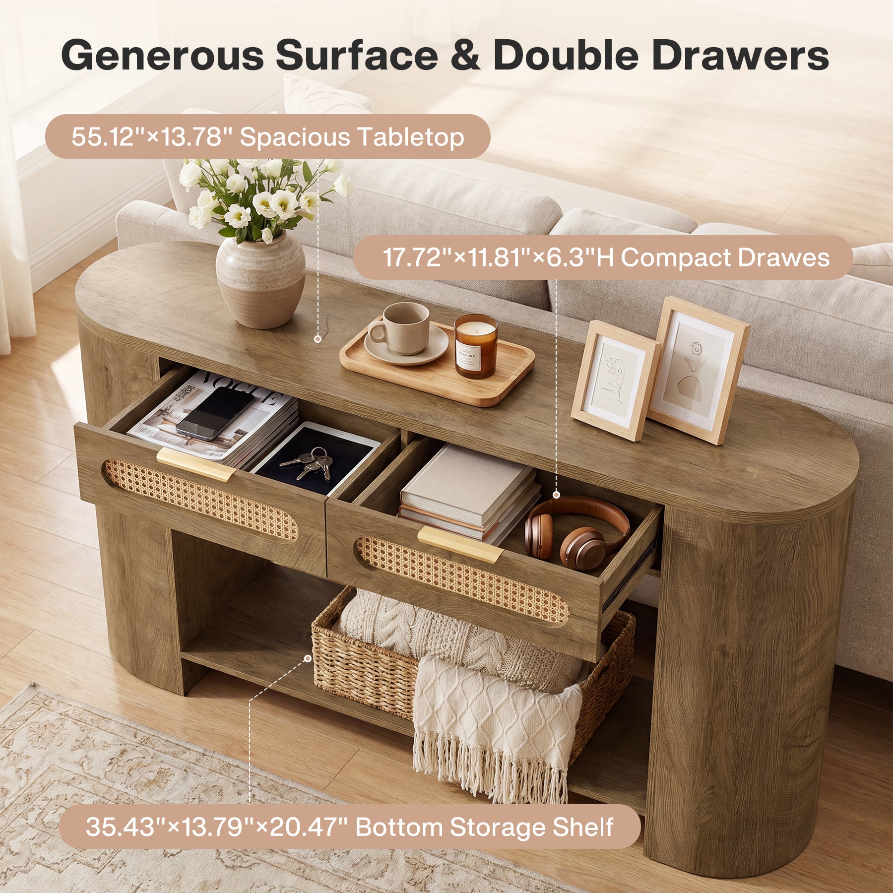 55" Console Table, Farmhouse Entryway Sofa Table With 2 Rattan Drawers & Shelf
