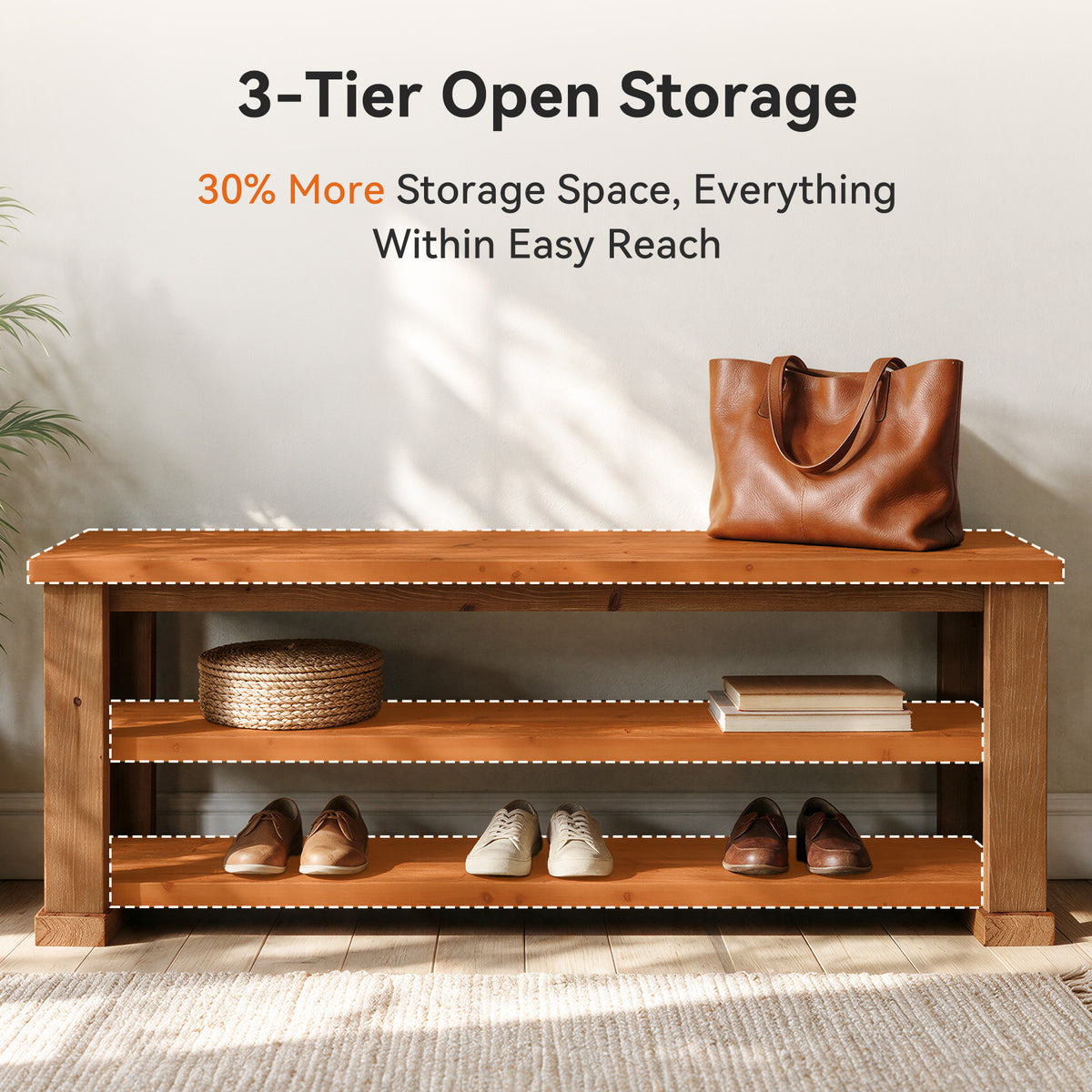 63" Rustic Solid Wood Entryway Bench, 3-Tier Shoe Storage, Reinforced Legs