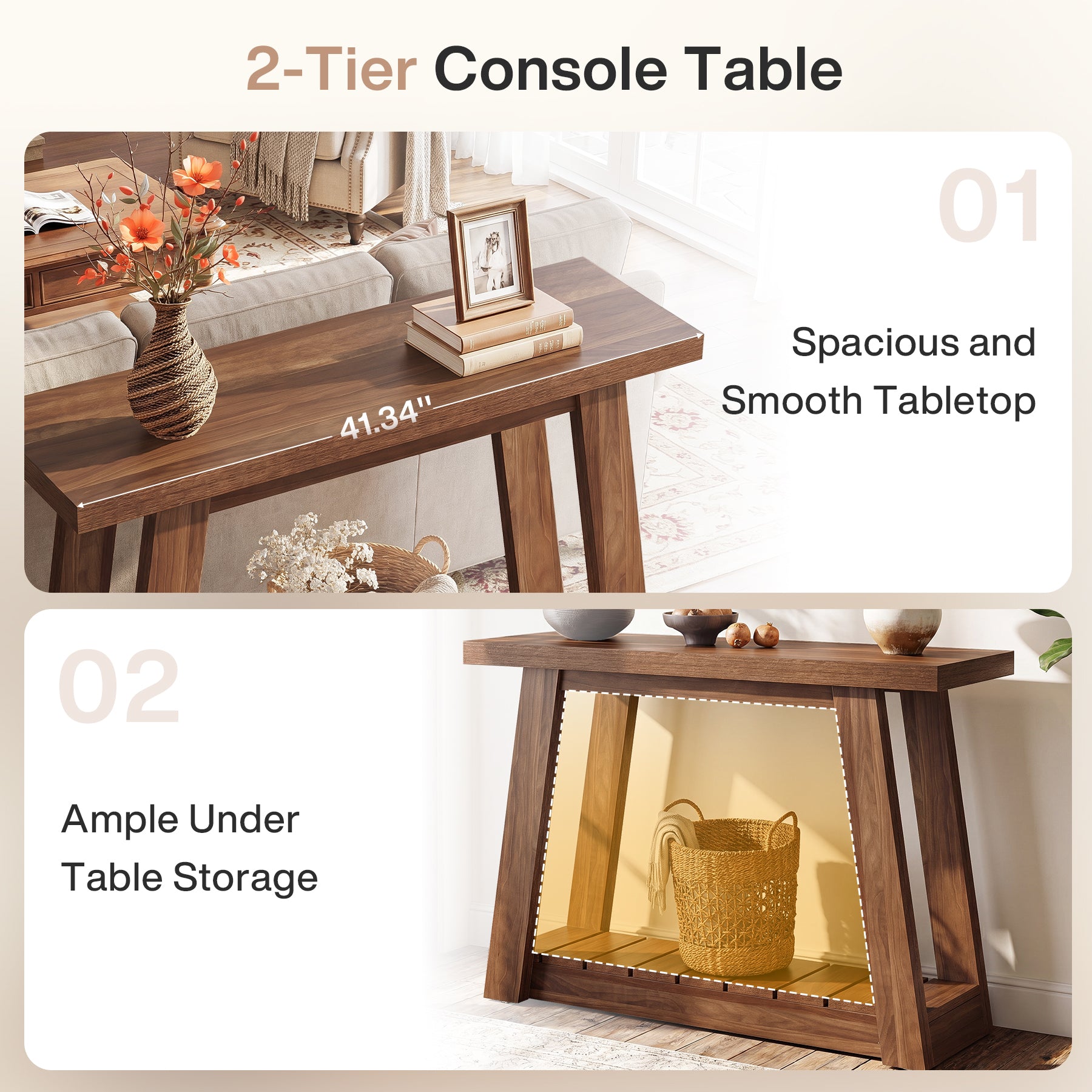 41.3" Farmhouse Console Table, 2-Tier Entryway Table Narrow Sofa Tables for Living Room