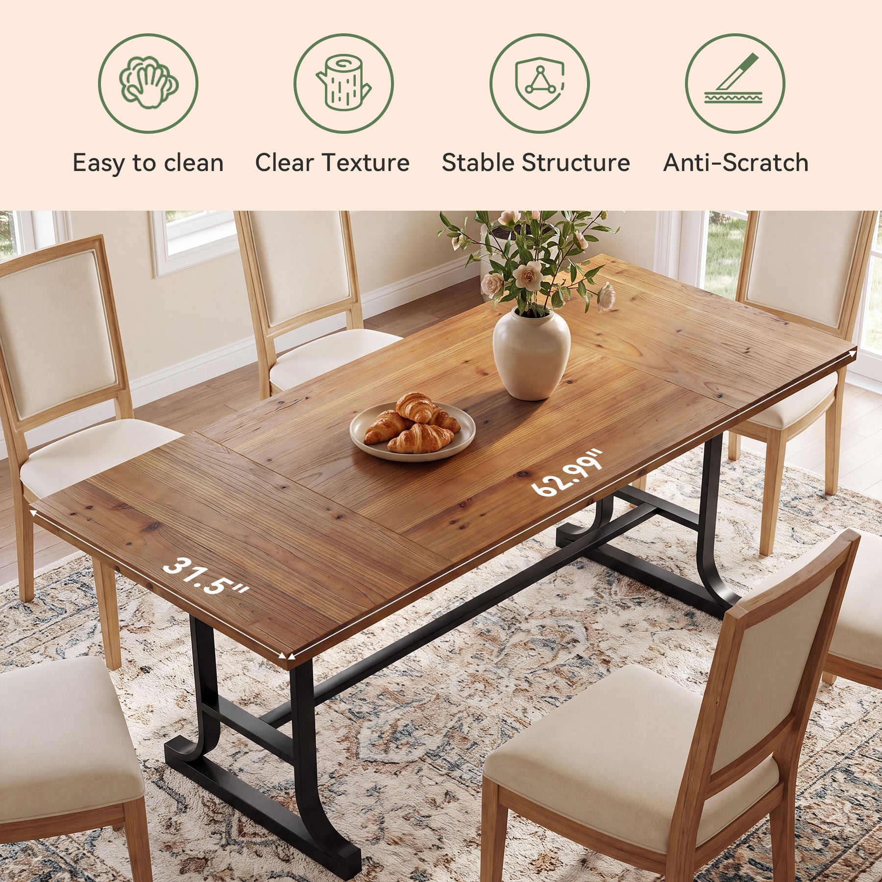 63" Solid Wood Dining Table for 4-6, Rectangular Kitchen Table with Metal Legs, Farmhouse