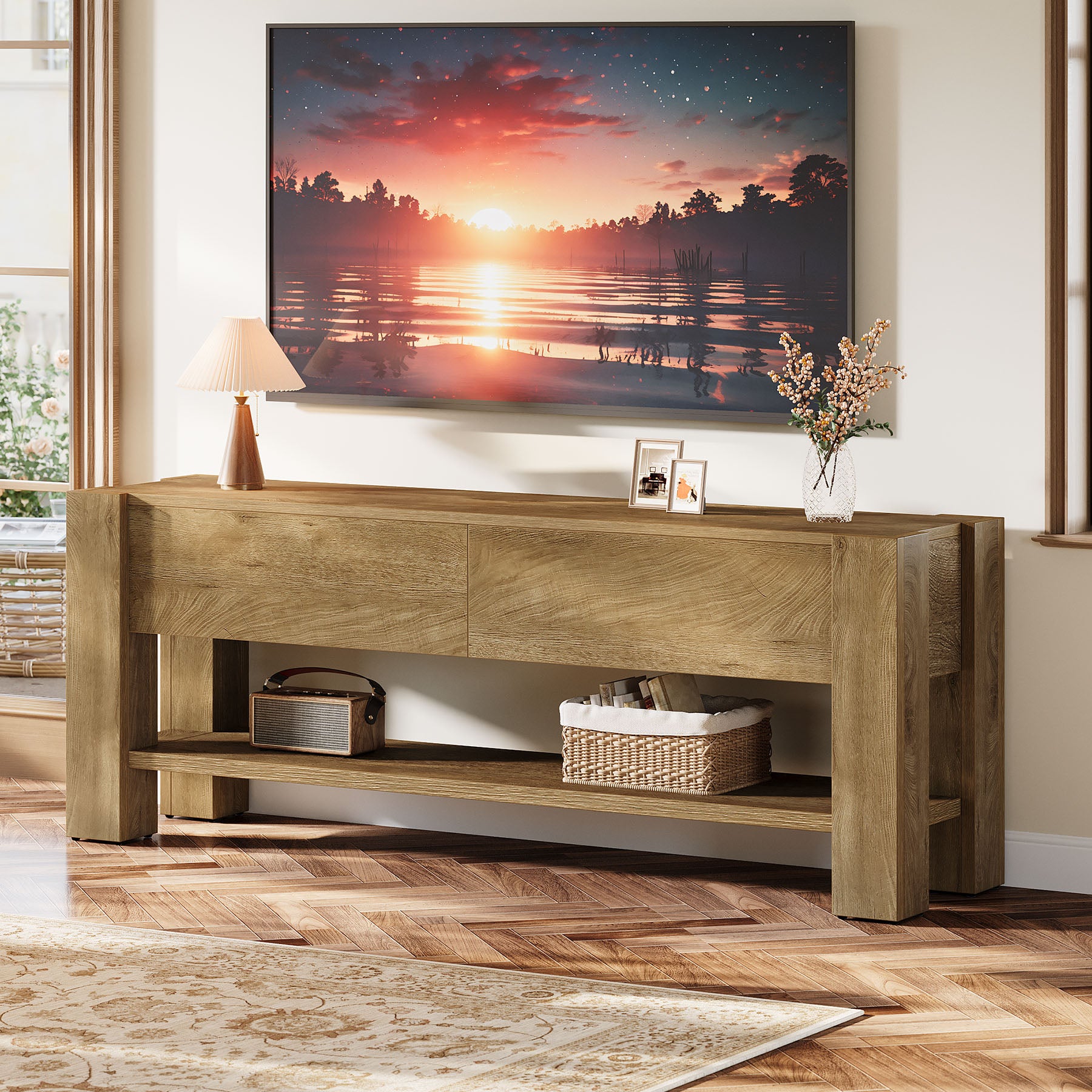 63" TV Stand for TVs up to 75", Entertainment Center with 2 Drawers & Shelves