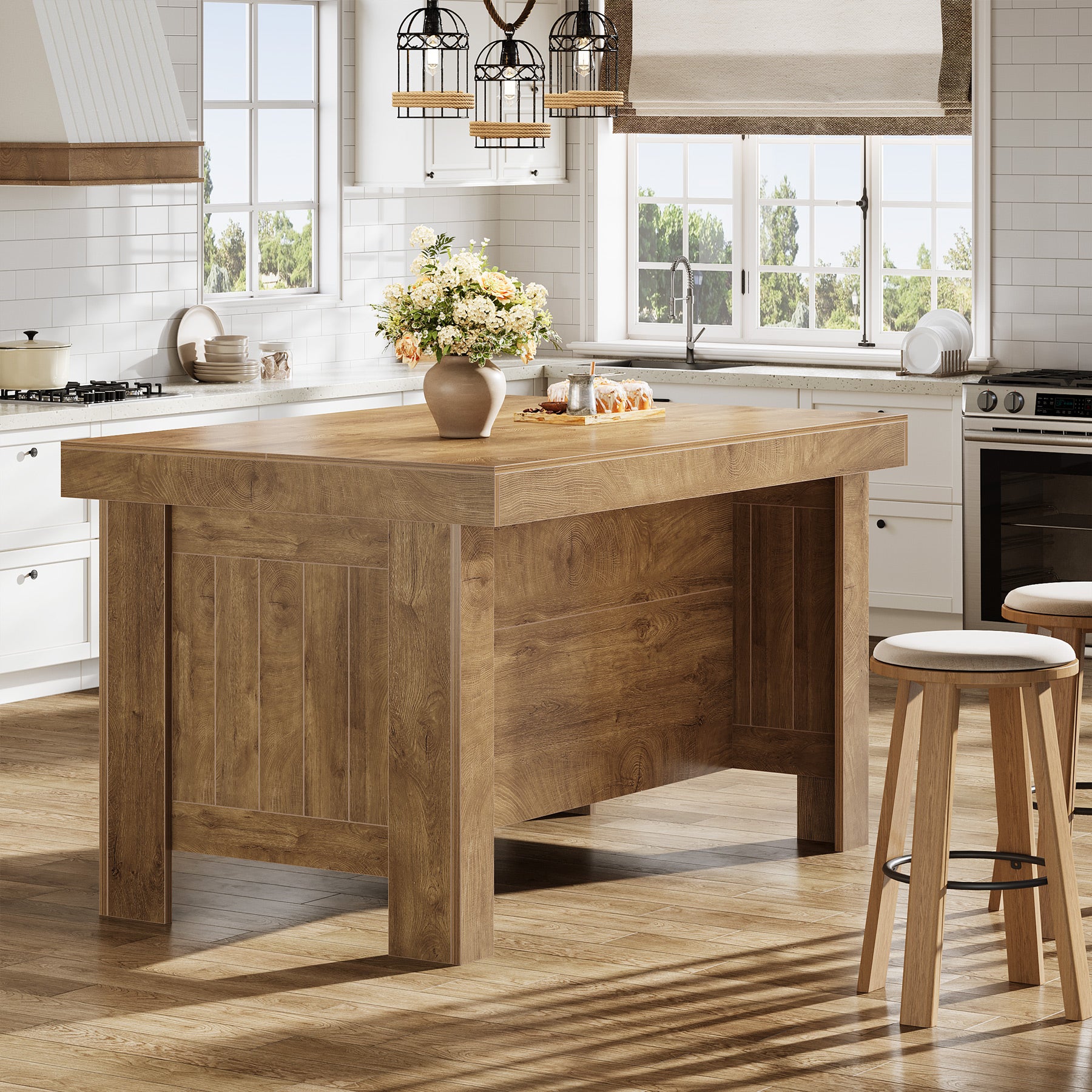 55" Kitchen Island Table, Farmhouse Counter Height Bar Table with Storage Shelves