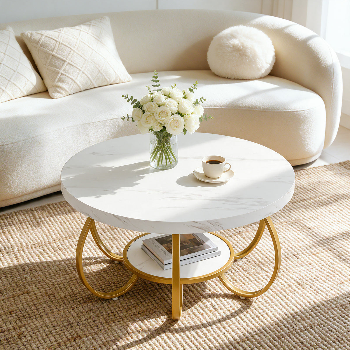 31.5" Round Coffee Table, 2-Tier Modern Center Table with Faux Marble Top & Metal Base