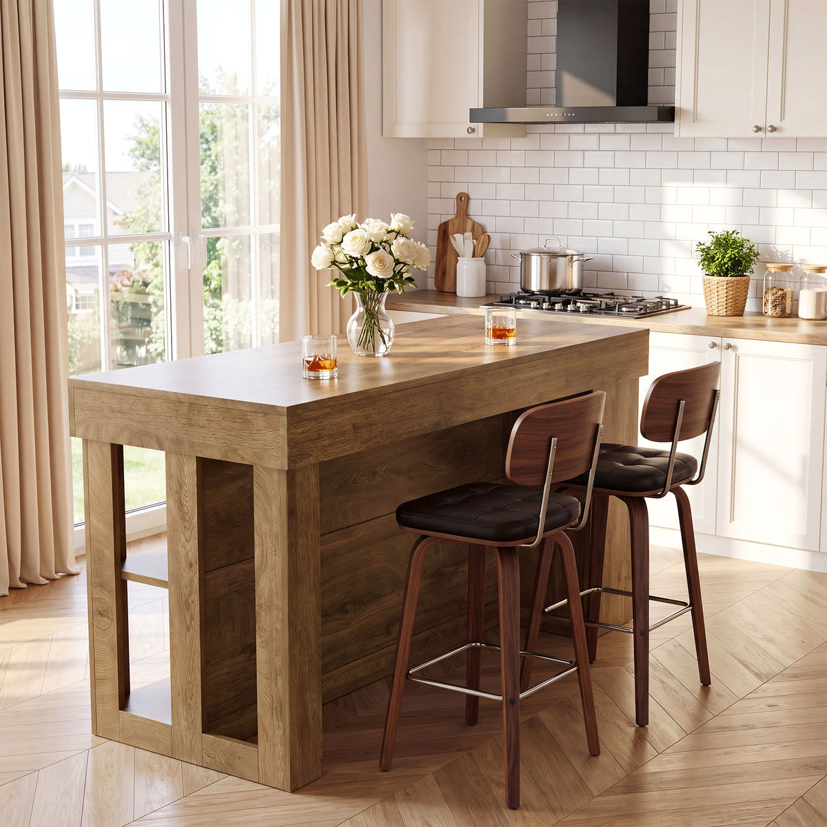 55" Kitchen Island with Storage Cabinet and Shelves, Farmhouse Bar Table for Kitchen