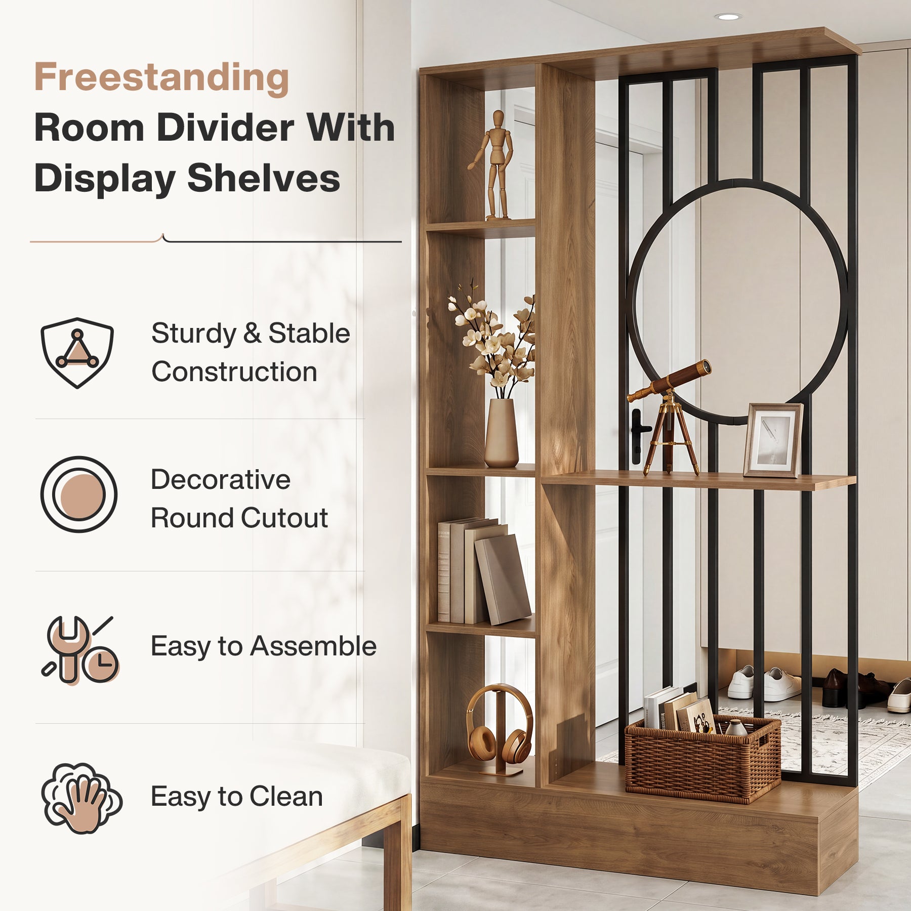 70.8" Wall Room Divider, Free-Standing Room Partition with Shelves