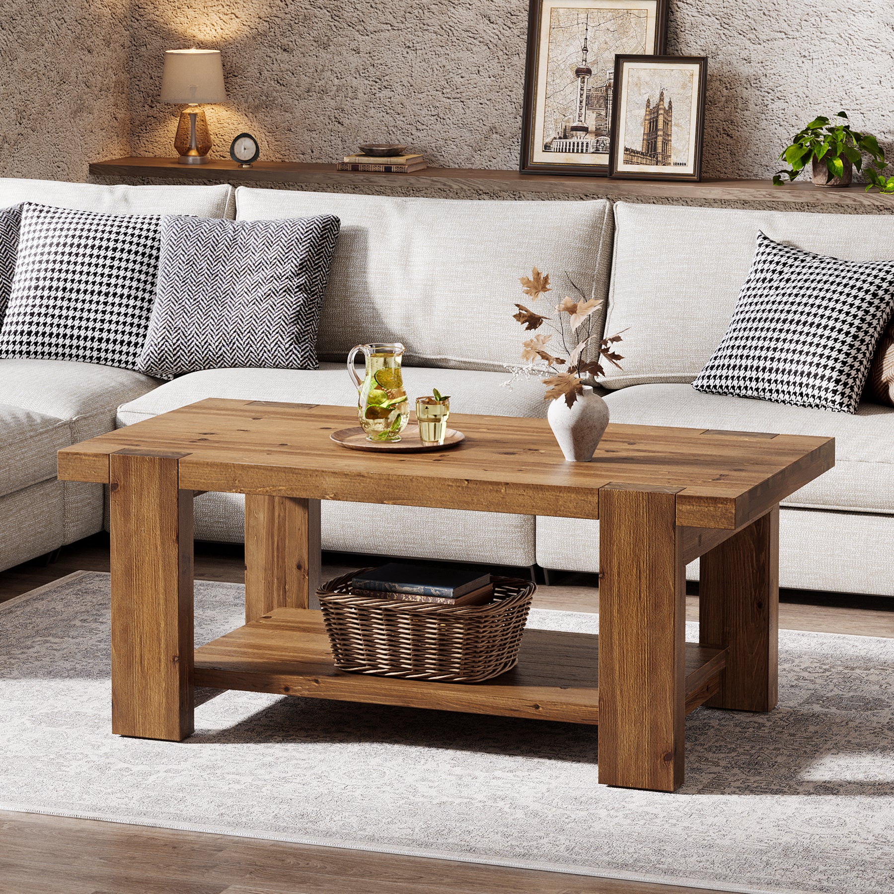 47.2" Solid Wood Coffee Table, Rectangle Center Table with 2-Tier Storage Shelf