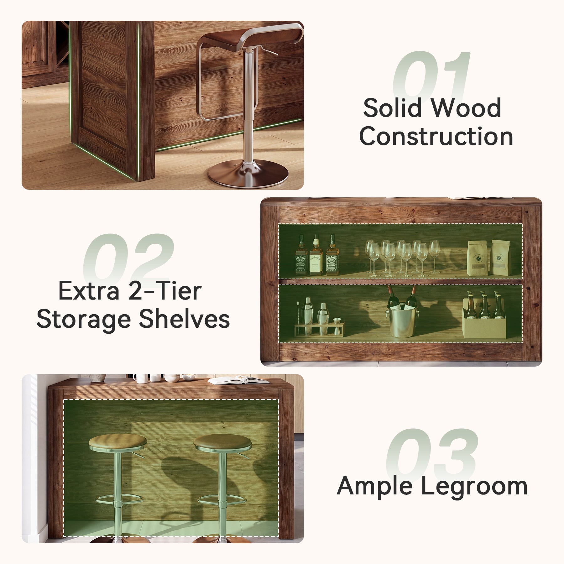 55" Solid Wood Home Bar Table, Farmhouse Counter Height Pub Table with 2-Tier Storage