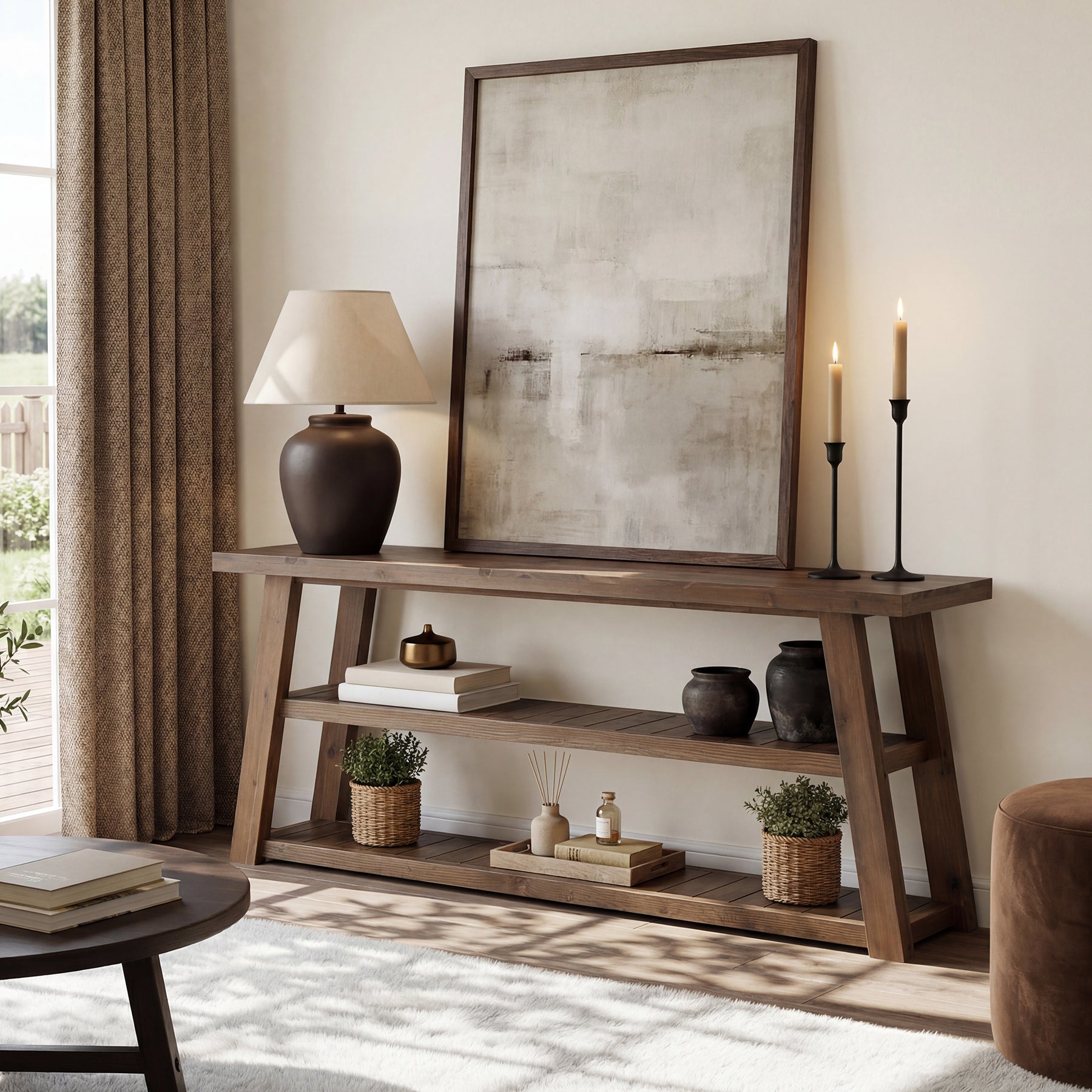 63" Solid Wood Console Table, 3-Tier Farmhouse Entryway Table with Storage Shelves