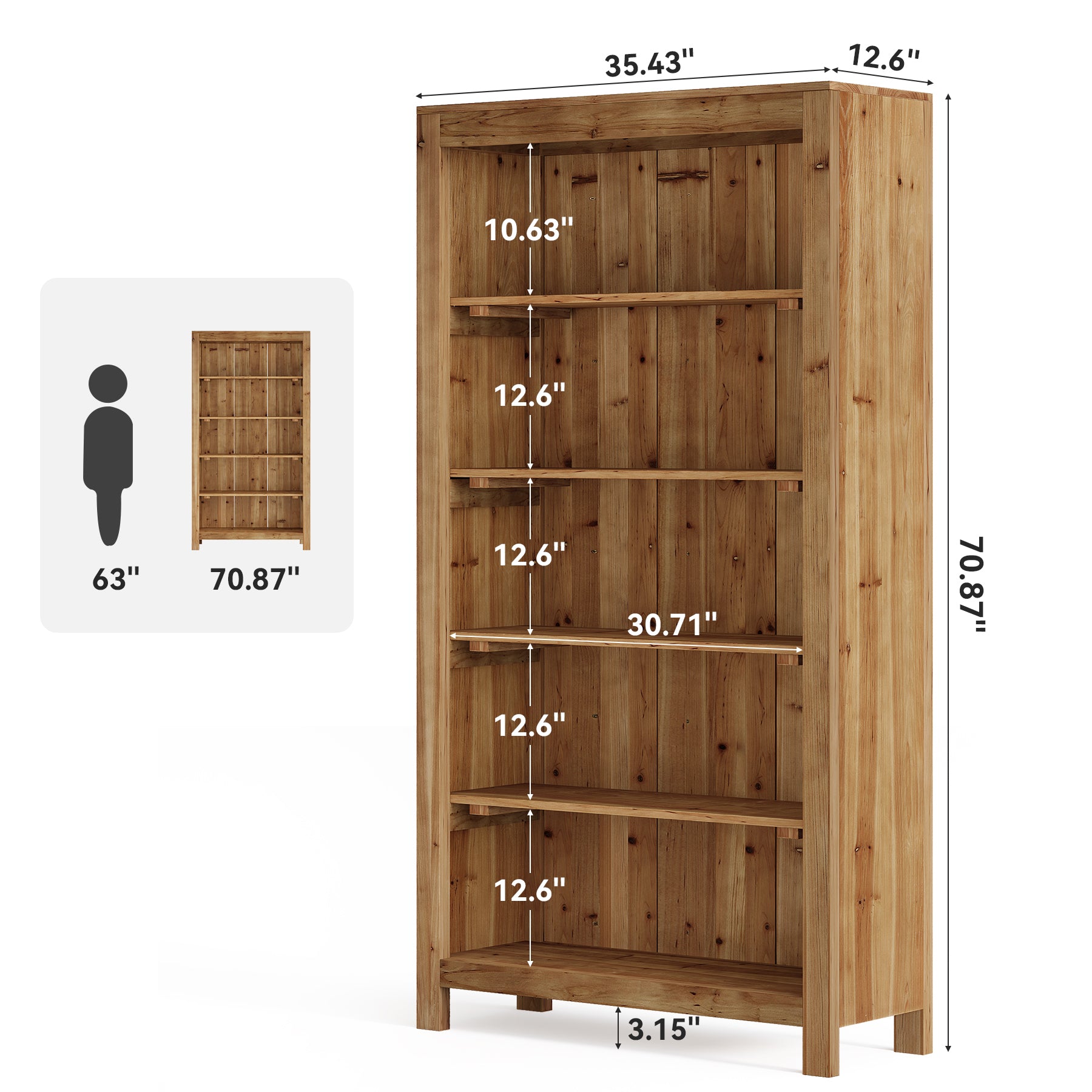 Solid Wood Bookcase, 5-Tier Bookshelf Display Storage Shelves