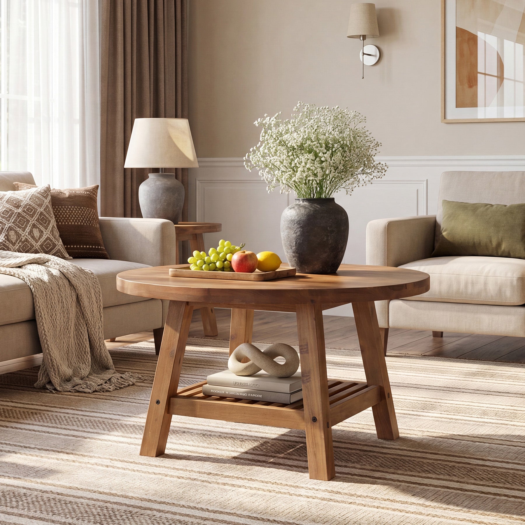 Solid Wood Round Coffee Table, 31.5" Center Table with 2-Tier Storage for Living Room