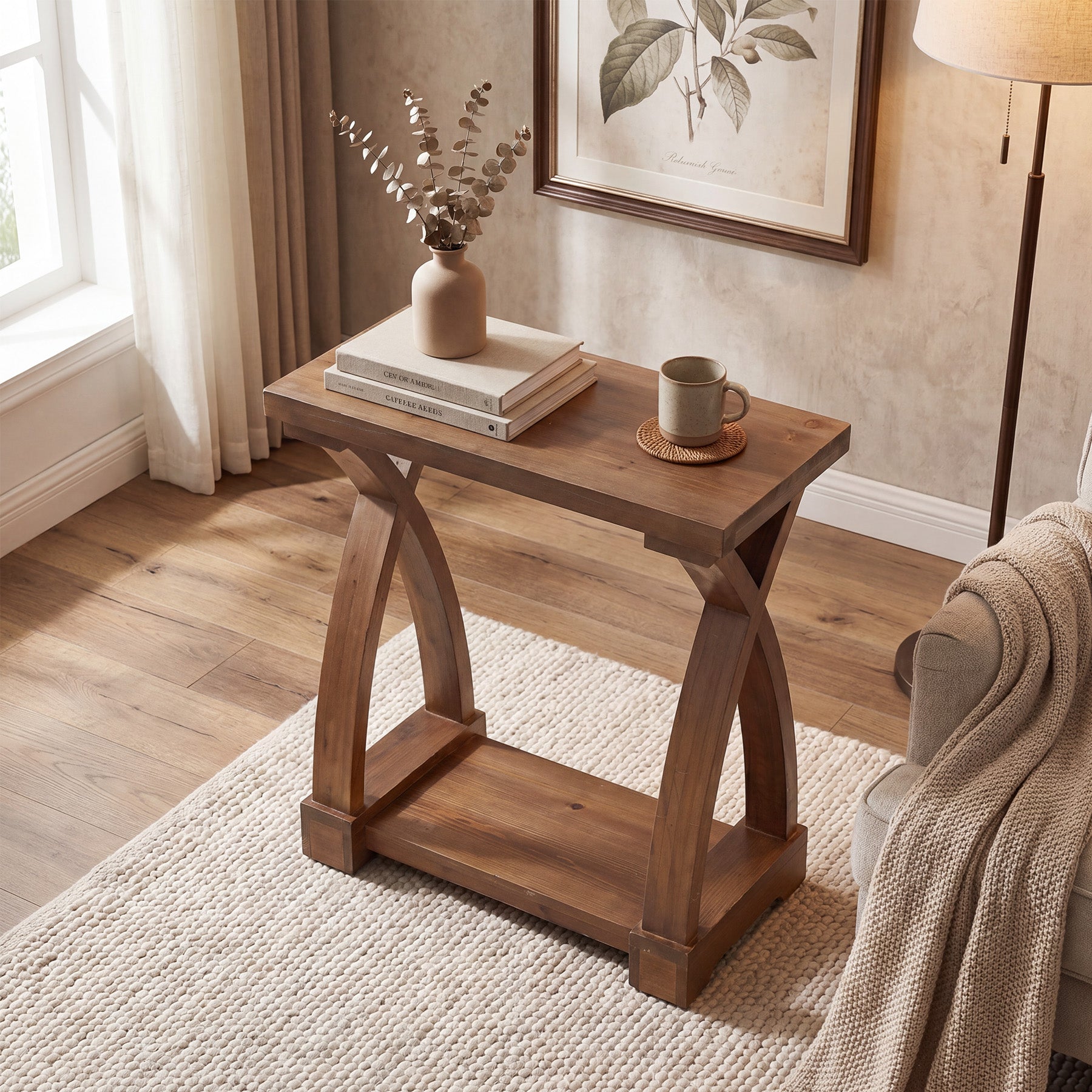 23.62" Solid Wood End Table, 2-Tier Side Table with Curved X-Frame for Small Spaces