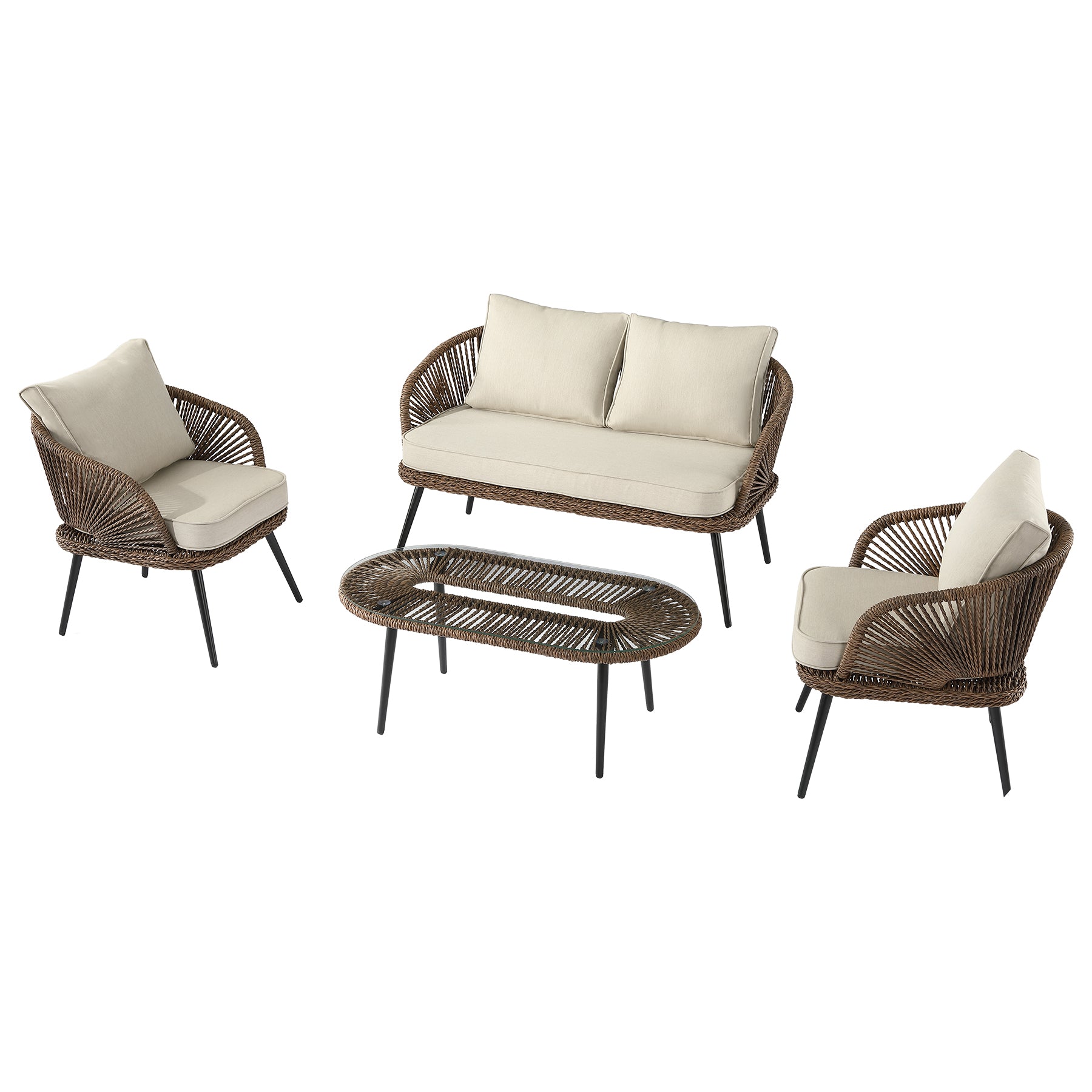4-Piece Rattan Outdoor Patio Furniture Set with Removable Cushions and Coffee Table