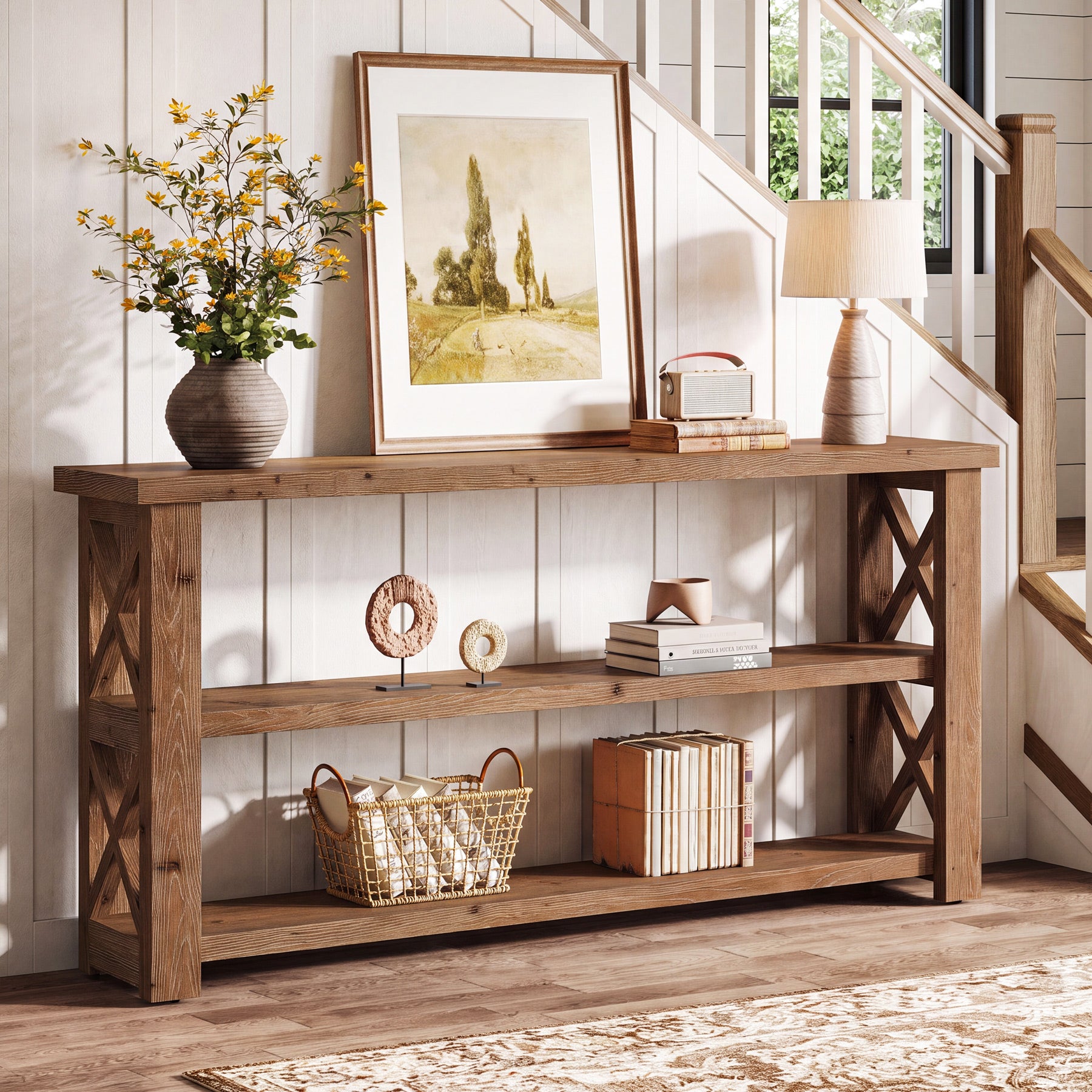 3-Tier Solid Wood Console Table, 63" Sofa Table Behind the Couch for Entryway, Living Room