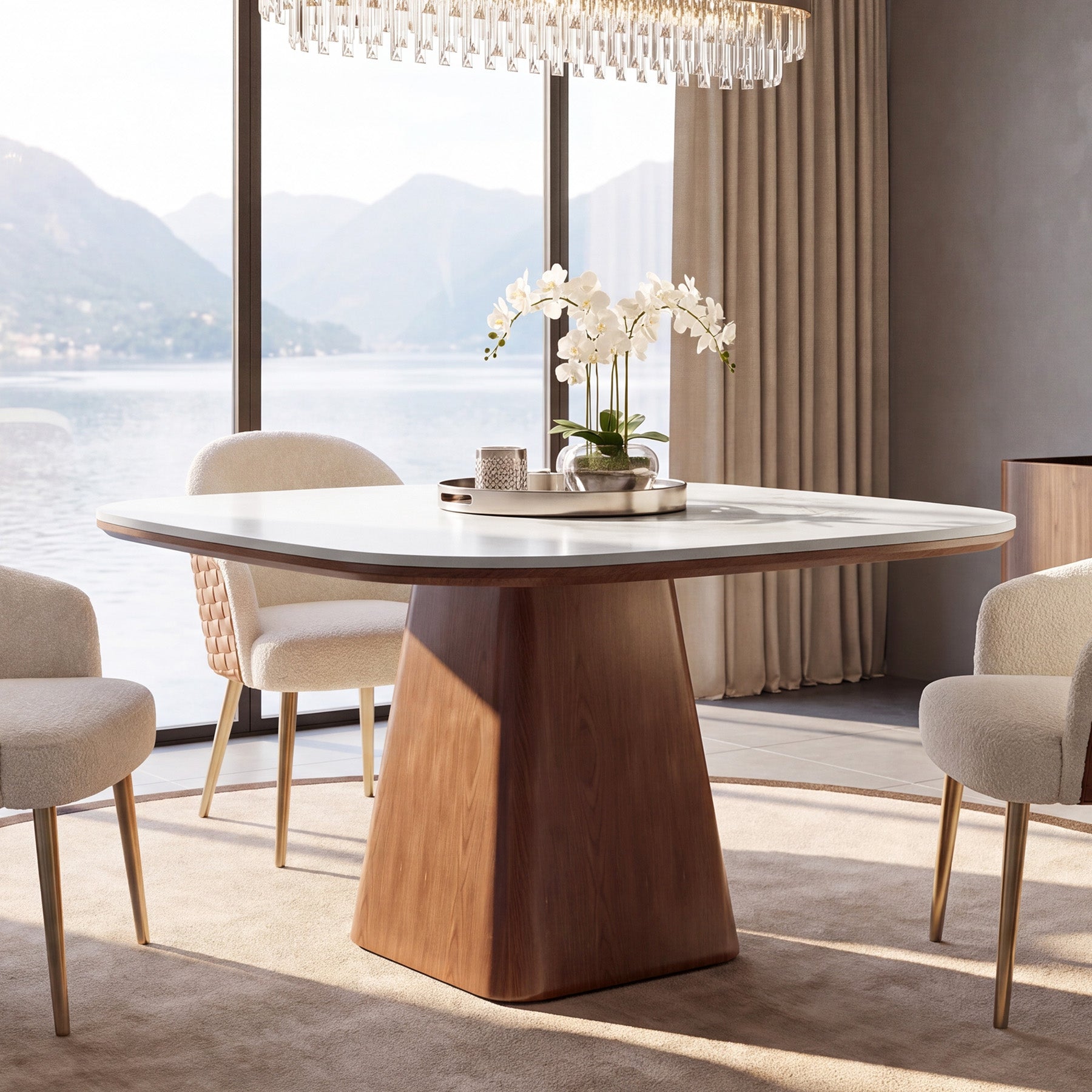 35.4" Square Sintered Stone Dining Table, Small Kitchen Table with Solid Wood Base