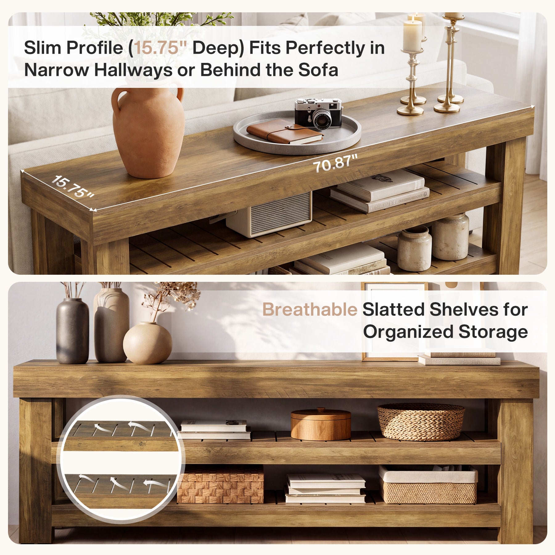 71" Extra Long Console Table with 2 Shelves, Narrow Rustic Farmhouse Sofa Table, Entryway