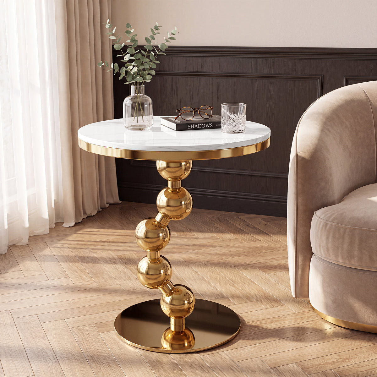Sintered Stone Round End Table, Modern Stacked Ball Side Table for Living Room