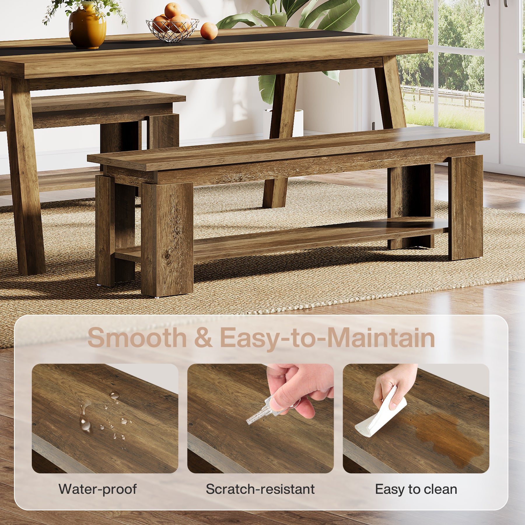 63" Dining Bench for 2-3, Farmhouse Kitchen Bench with Storage Shelf