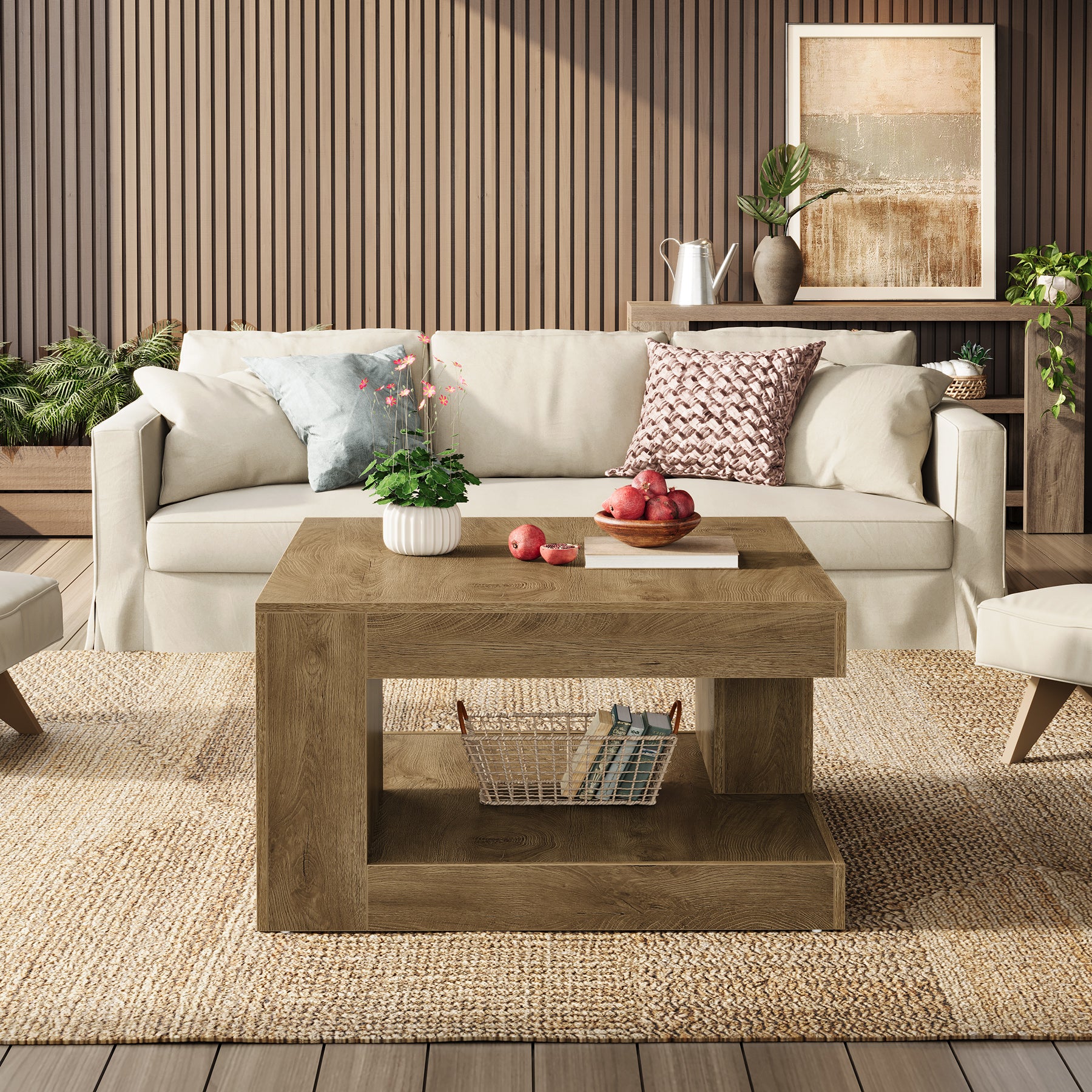 31.5" Square Coffee Table with Storage, 2-Tier Farmhouse Living Room Center Table