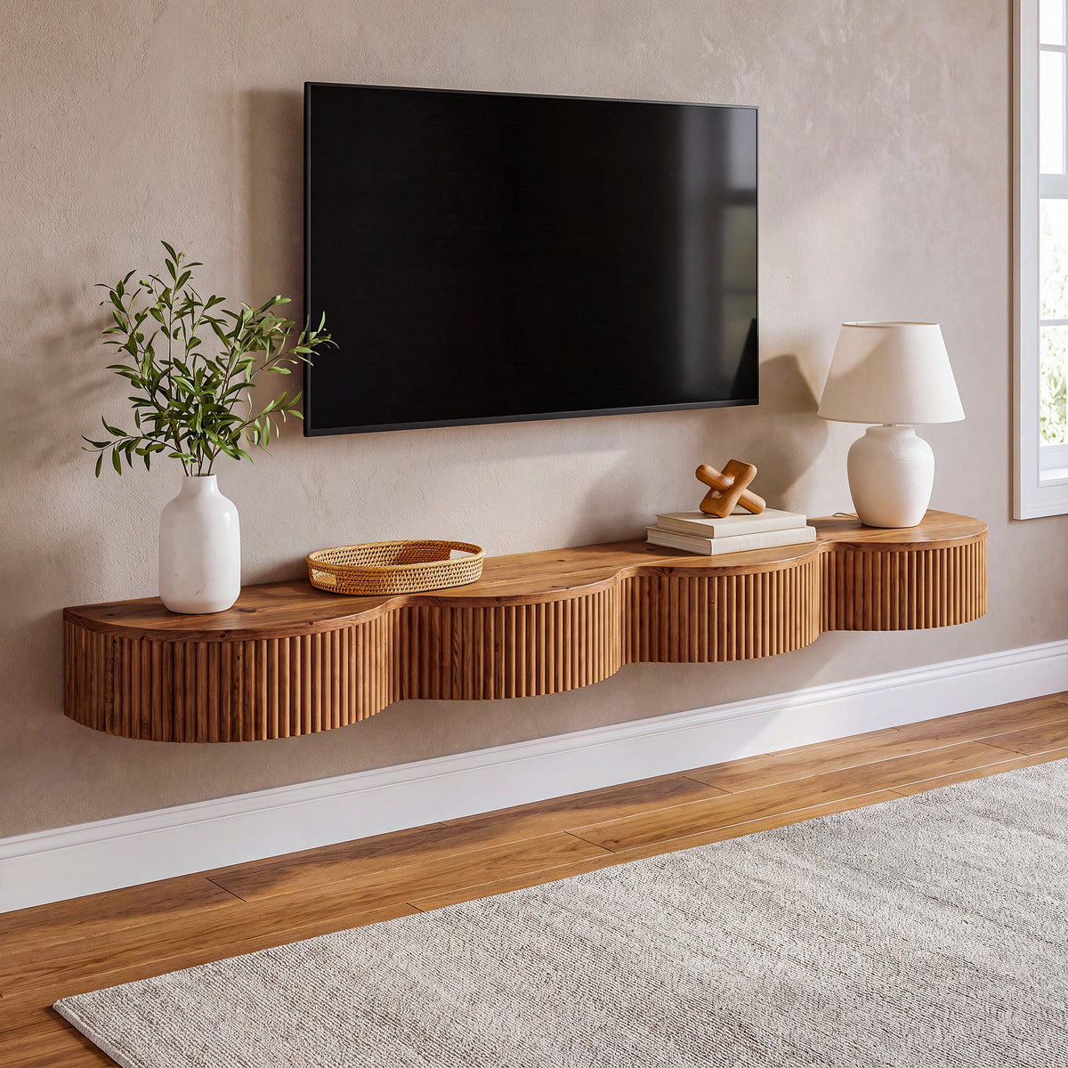 70.9" Fireplace Mantel, Solid Wood Fluted Floating Display Mantel Shelf for Living Room