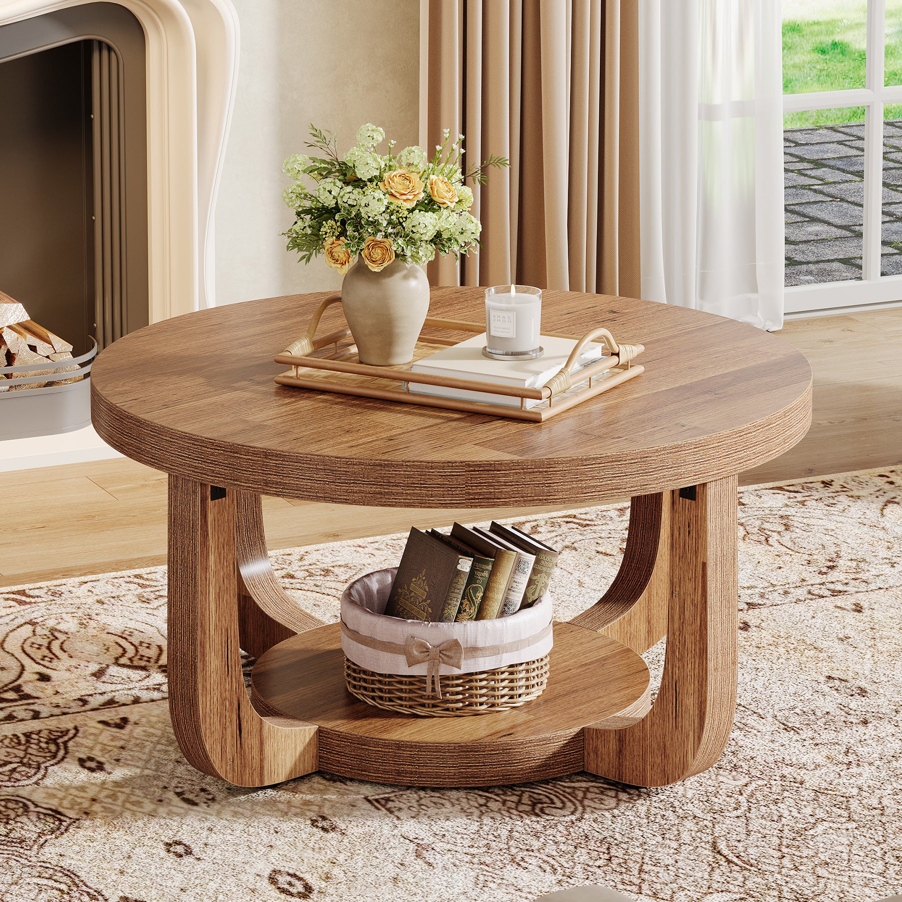 31.5" Coffee Table, Modern 2-Tier Circle Center Table with Storage