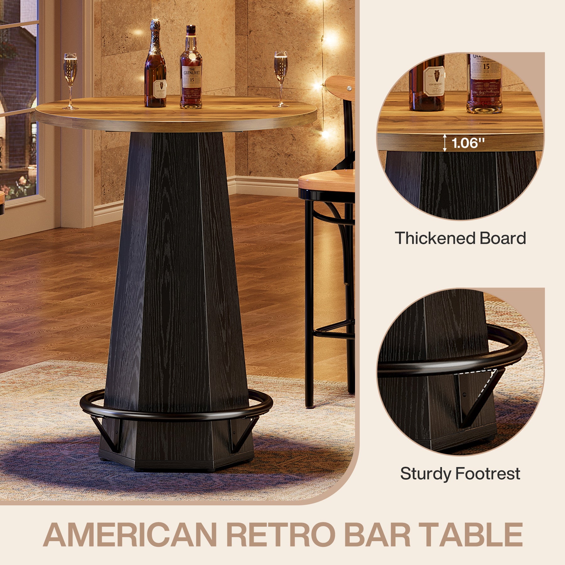Round Bar Table, 39.4" H Bistro Pub Cocktail Table with Metal Footrest