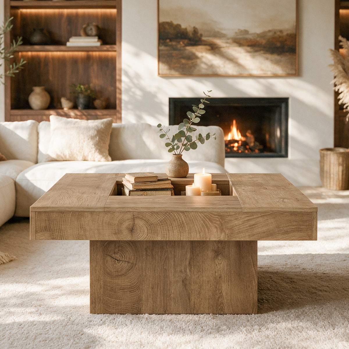 39" Square Farmhouse Coffee Table, Hollow Center Design, Wooden Pedestal Base