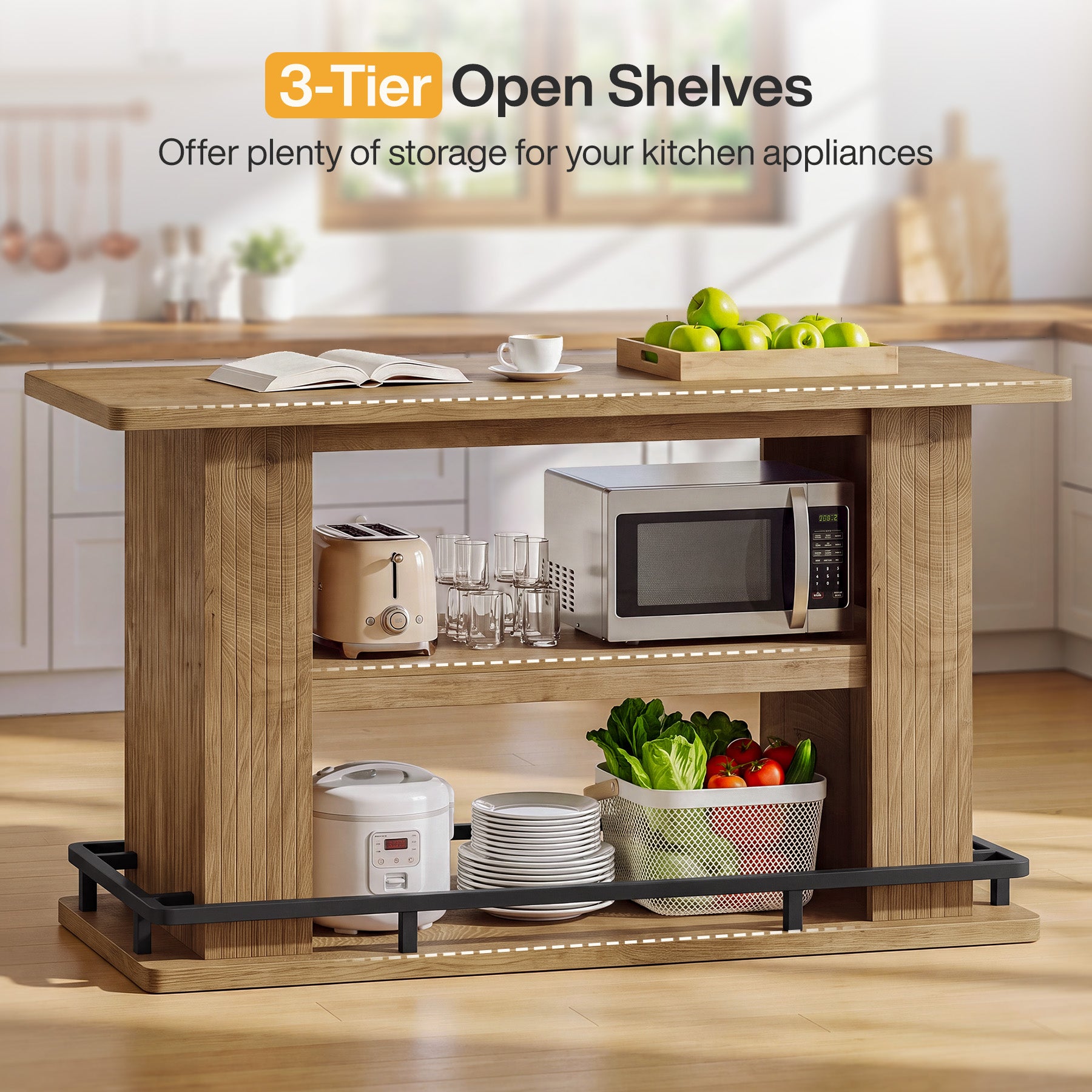 63" Kitchen Island, Stationary Island Table with Shelves & Metal Footrest for Kitchen