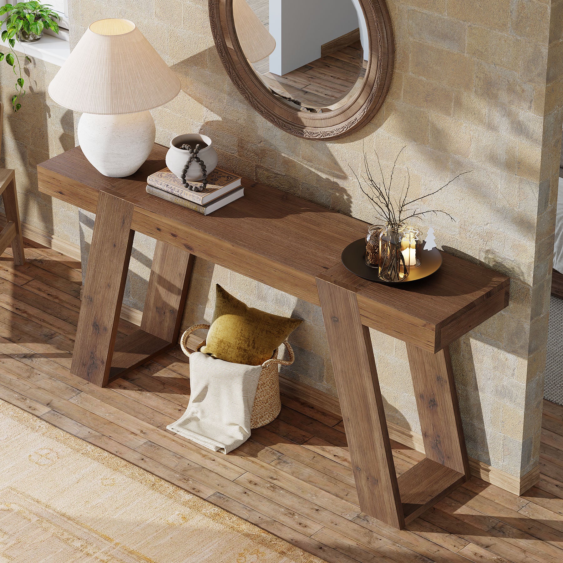 Solid Wood Console Table, 63" Narrow Sofa Table Behind Couch