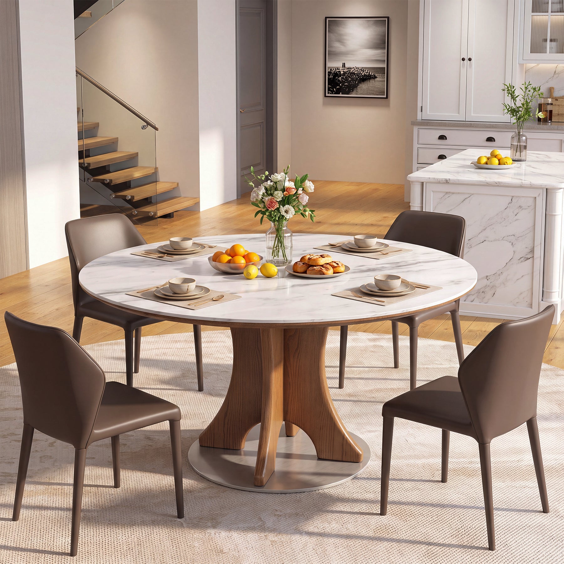 47" Luxury Sintered Stone Dining Table, Solid Wood Round Kitchen Table for 4-6 People