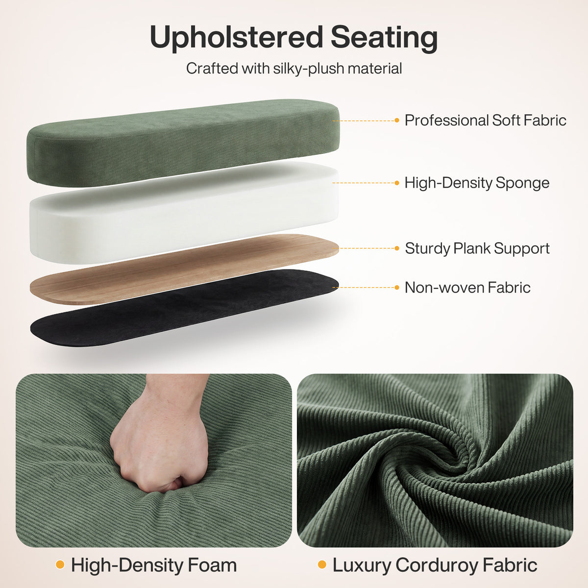Tufted Upholstered Entryway Bench, Solid Wood Frame, Modern Bedroom Bench