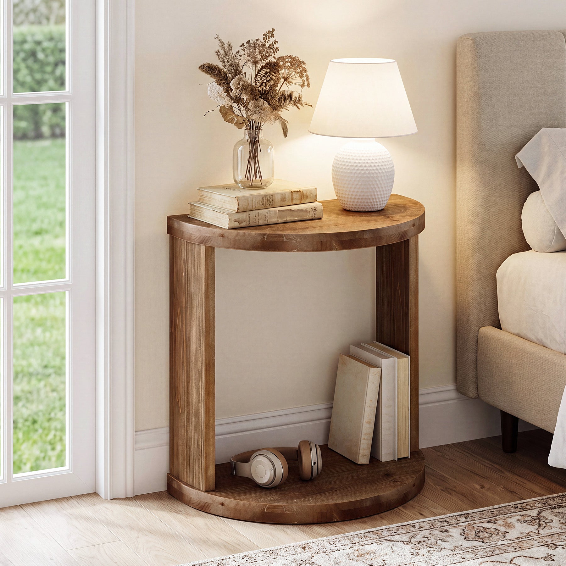 Half Moon Nightstand, Solid Wood Farmhouse Bedside Table with 2-Tier Storage Shelves, Bedroom Living Room