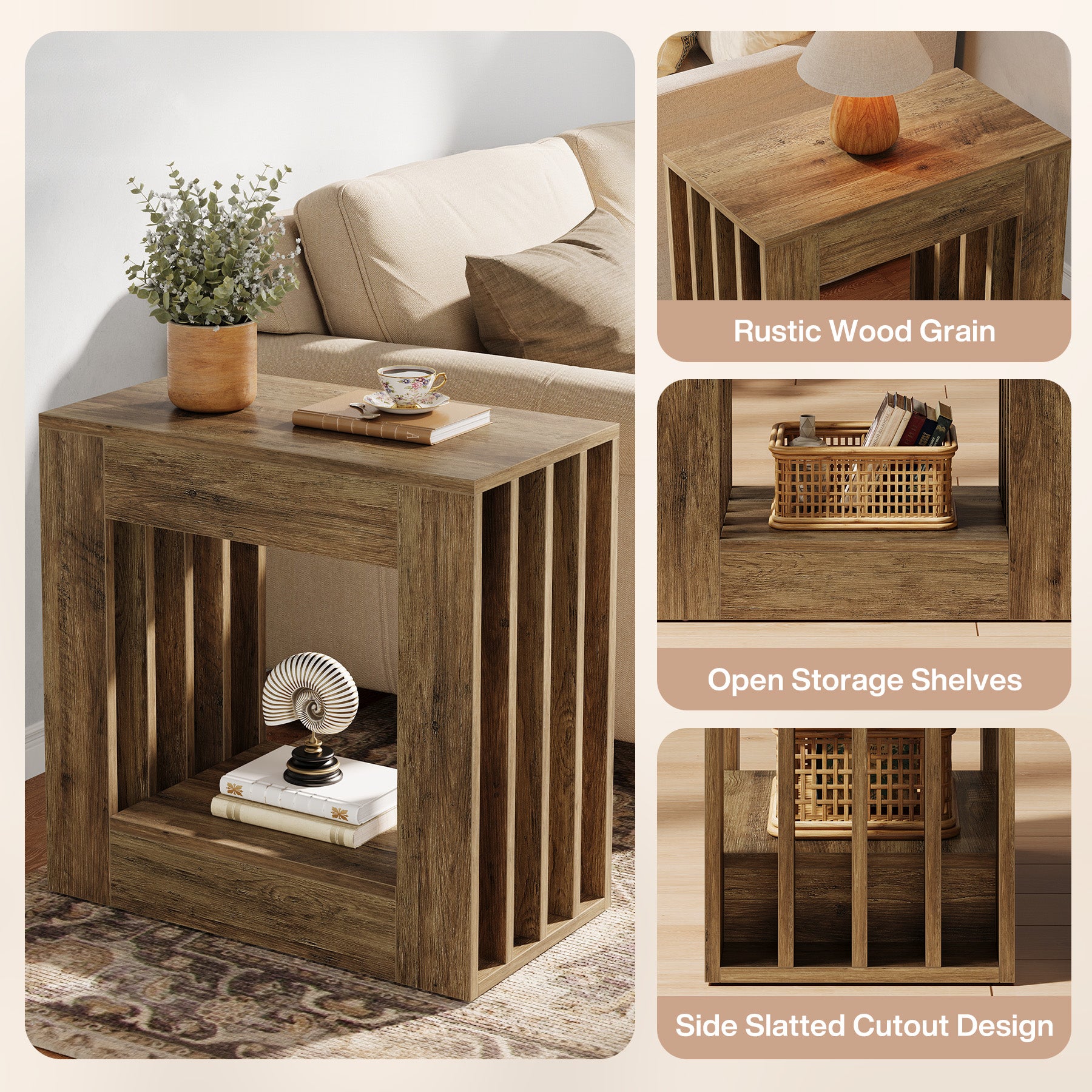 23.62" Farmhouse Narrow End Table, Rustic Square Nightstand with Storage Shelf