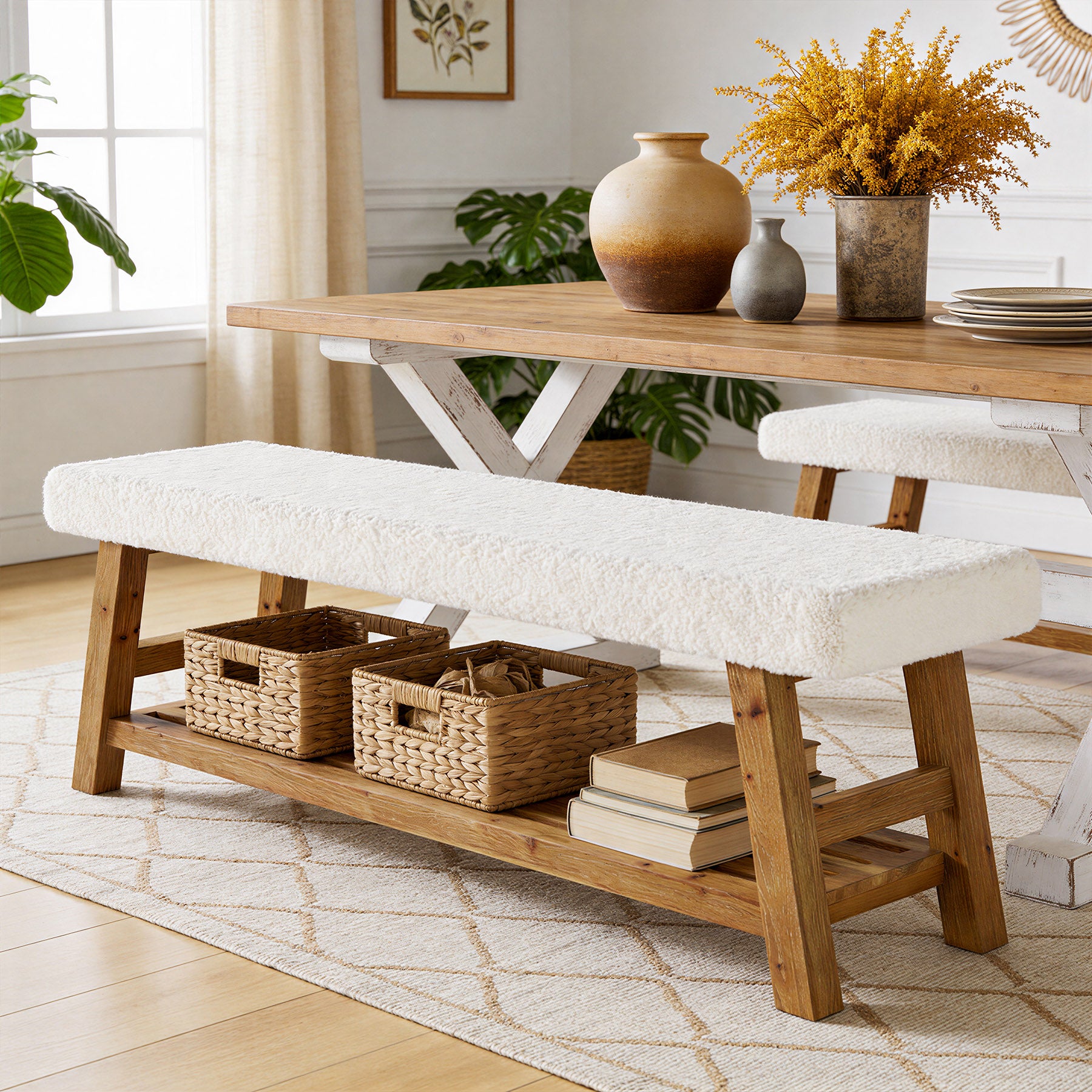 55" Upholstered Dining Bench, 2-Tier Solid Wood Kitchen Table Bench with Cushion