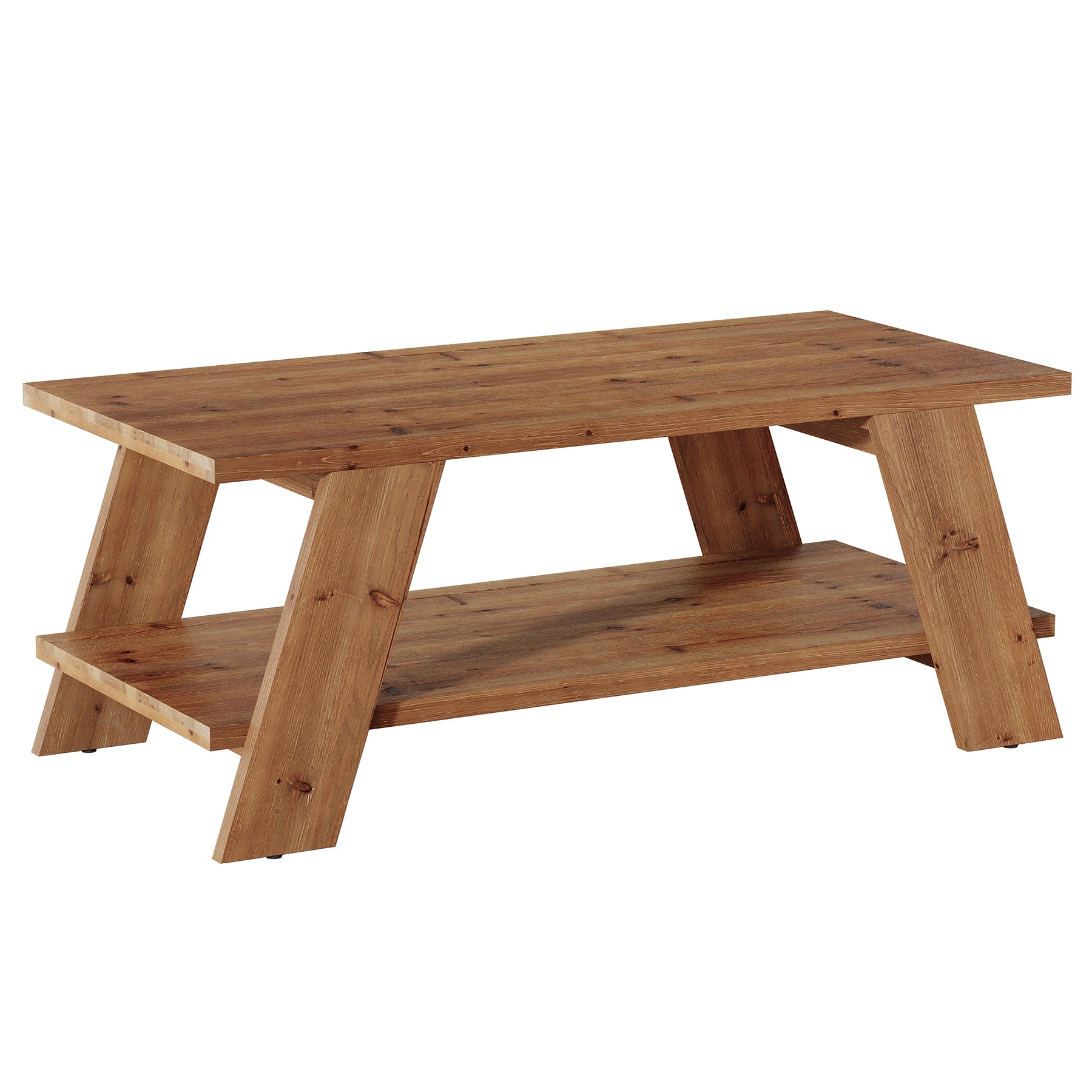 47" Solid Wood Coffee Table, 2-Tier Rectangle Center Table with Storage Shelf for Living Room