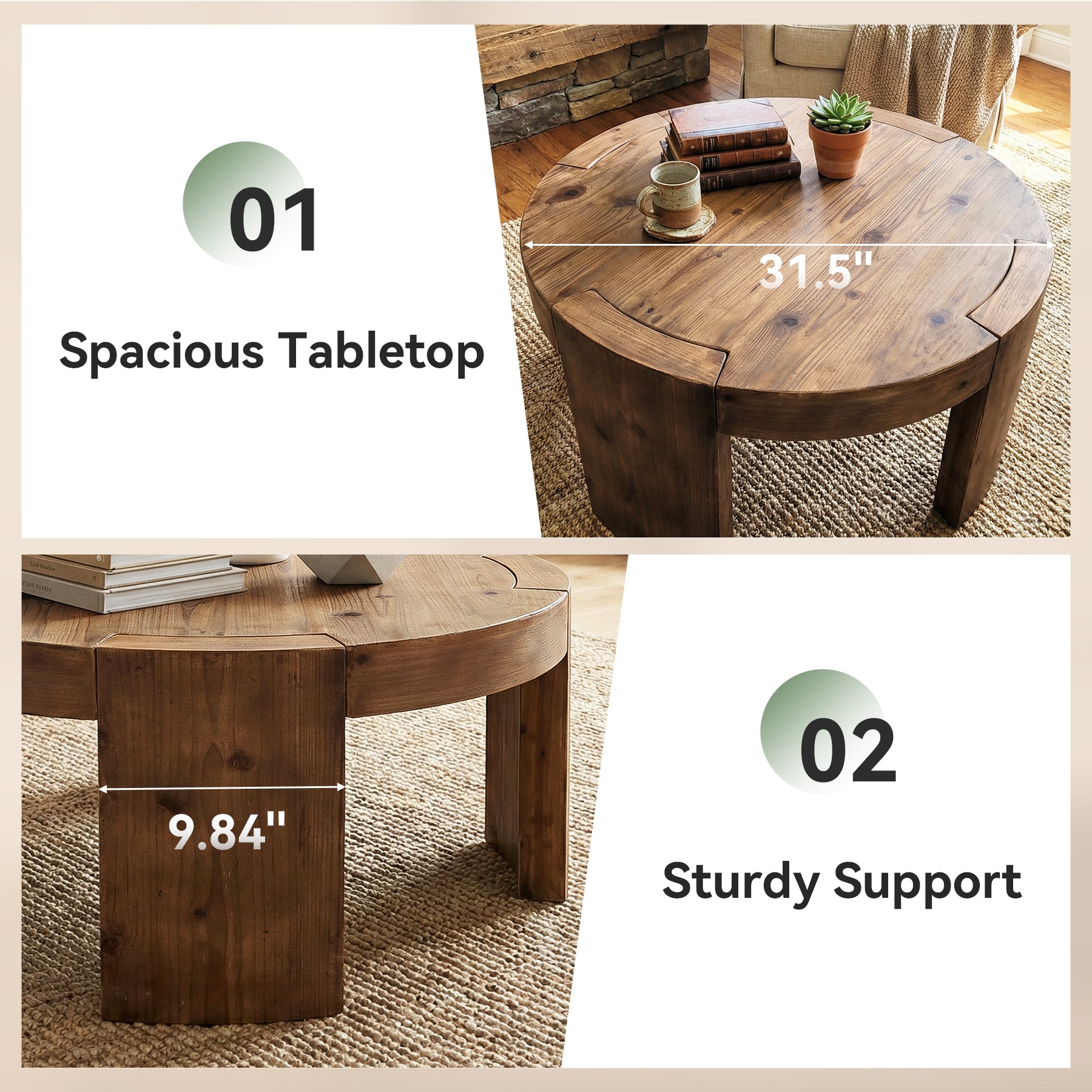 31.5" Round Coffee Table, Solid Wood Farmhouse Center Cocktail Tea Table for Living Room
