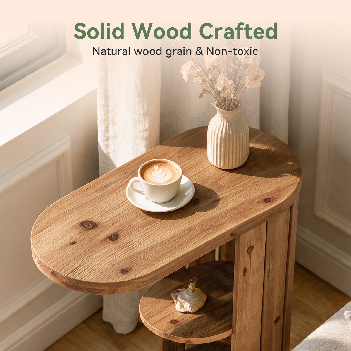 Rustic Solid Wood C-Shaped Side Table with Storage, Narrow Sofa End Table