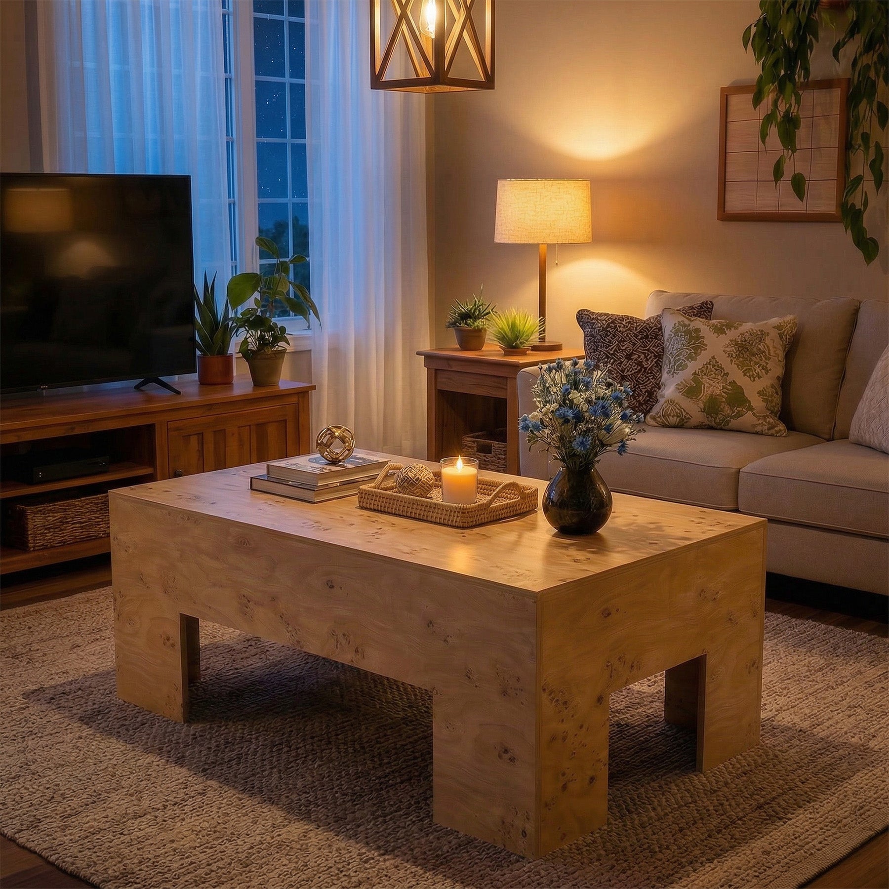 Tribesigns 55.12" Wood Coffee Table, Burl Veneer Center Table for Living Room