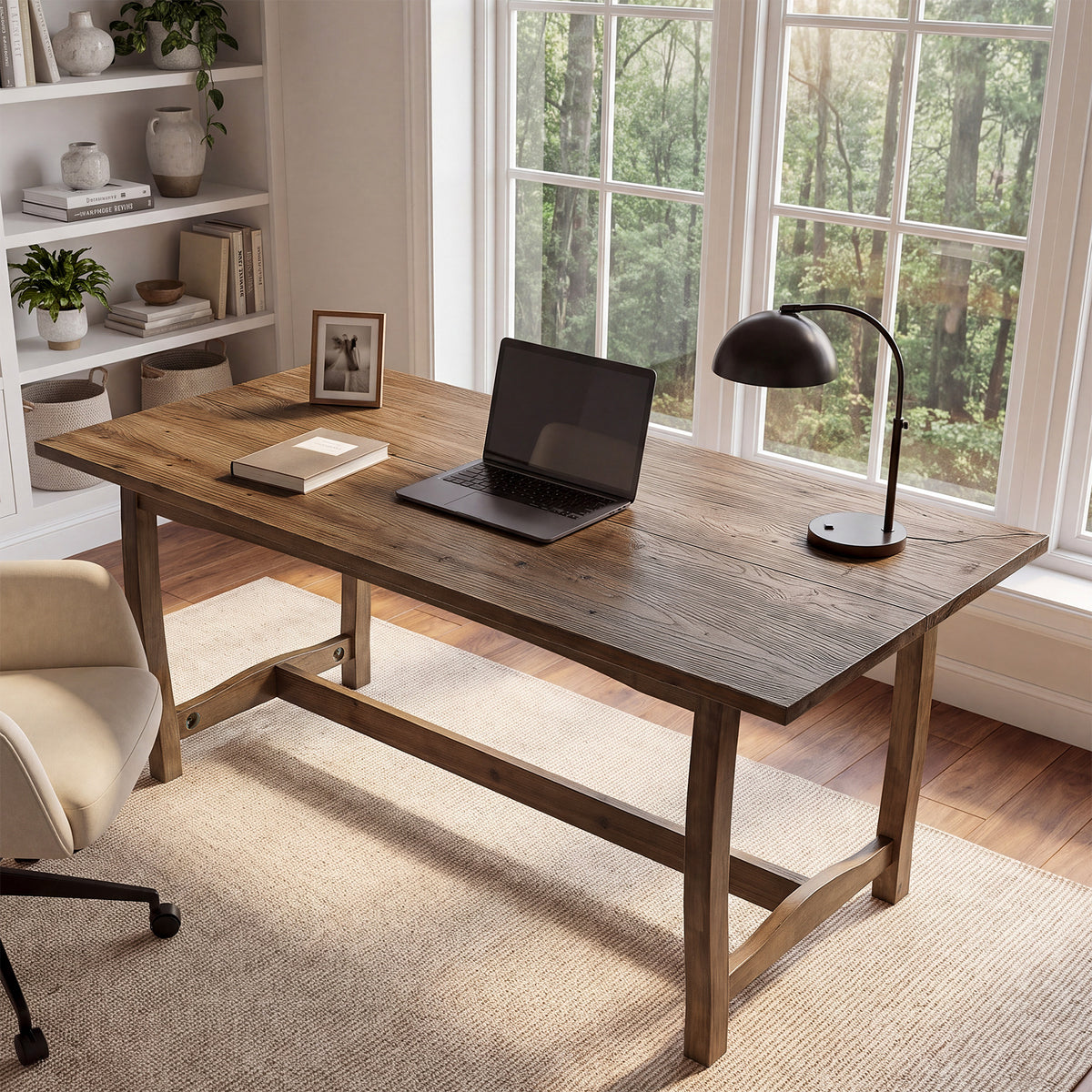 63" Solid Wood Executive Desk, Farmhouse Computer Desk with Reinforced Trestle Base