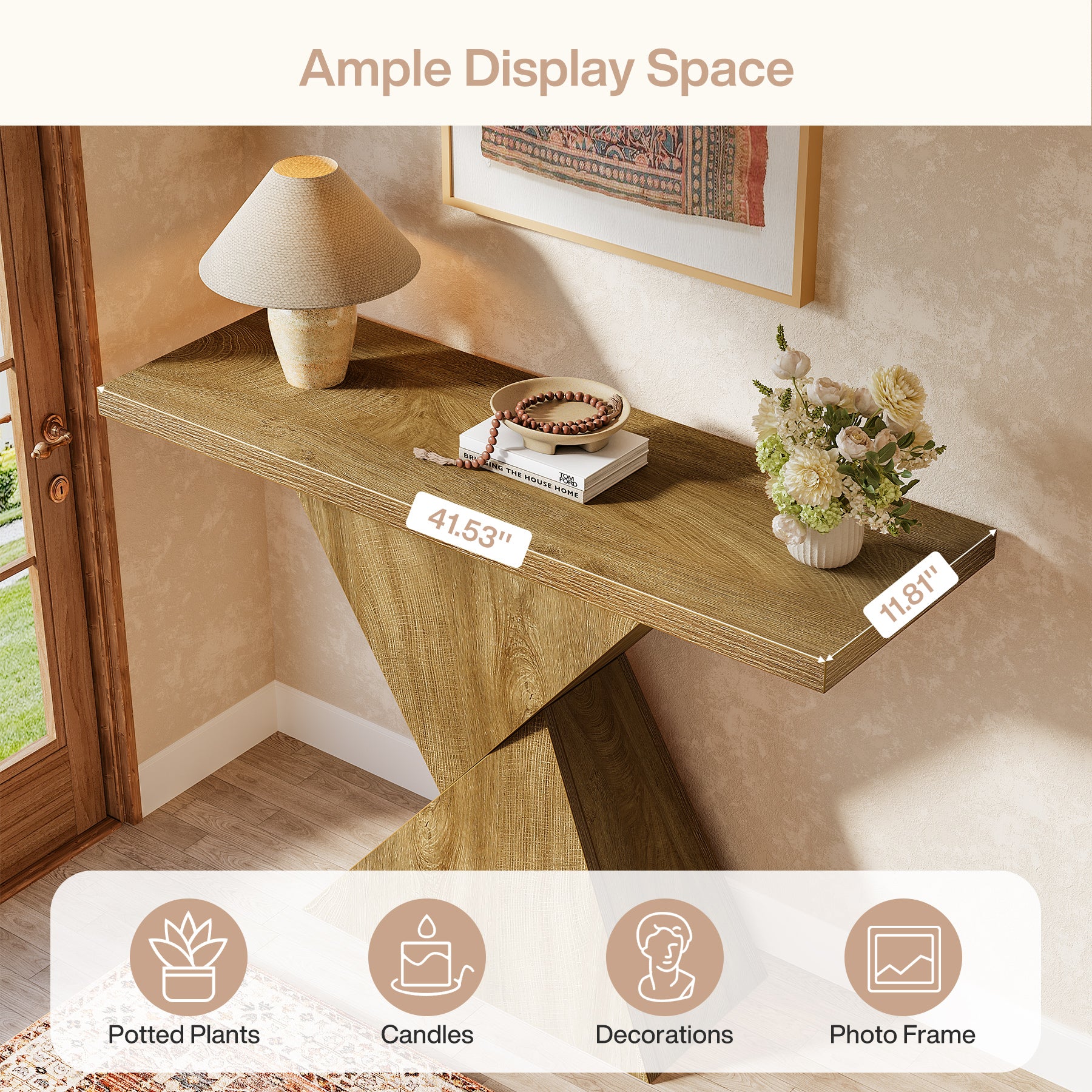 41.5" Narrow Farmhouse Console Table with Geometric Base, Entryway Sofa Table for Hallway, Foyer, or Behind Couch