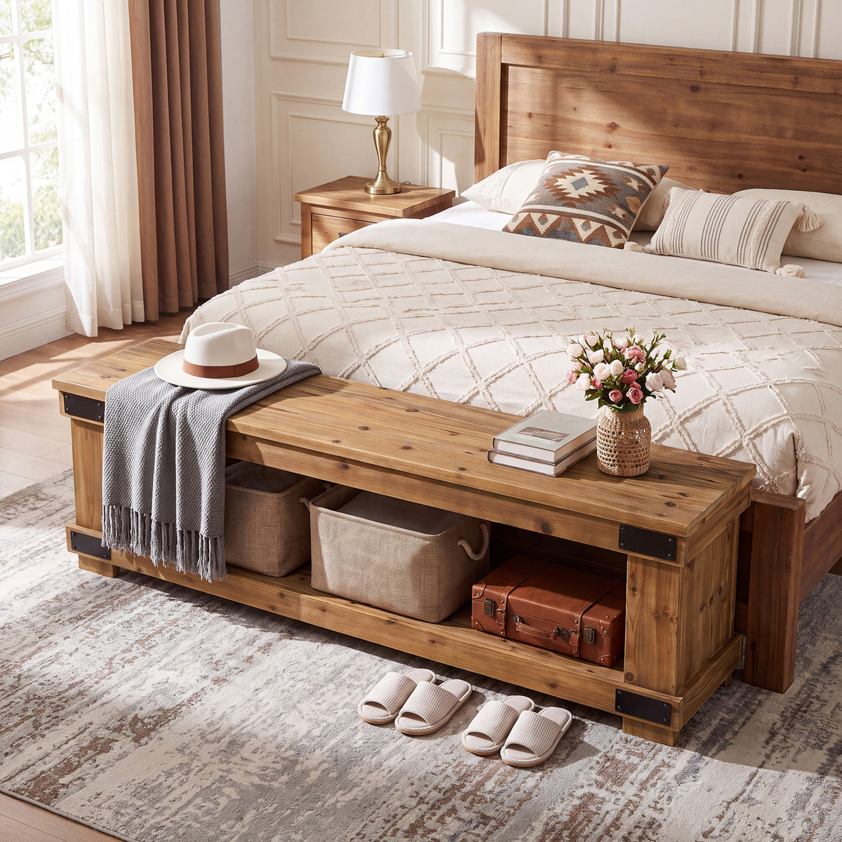 63" Solid Wood Entryway Bench, 2-Tier Shoe Storage, Industrial Hallway Bench