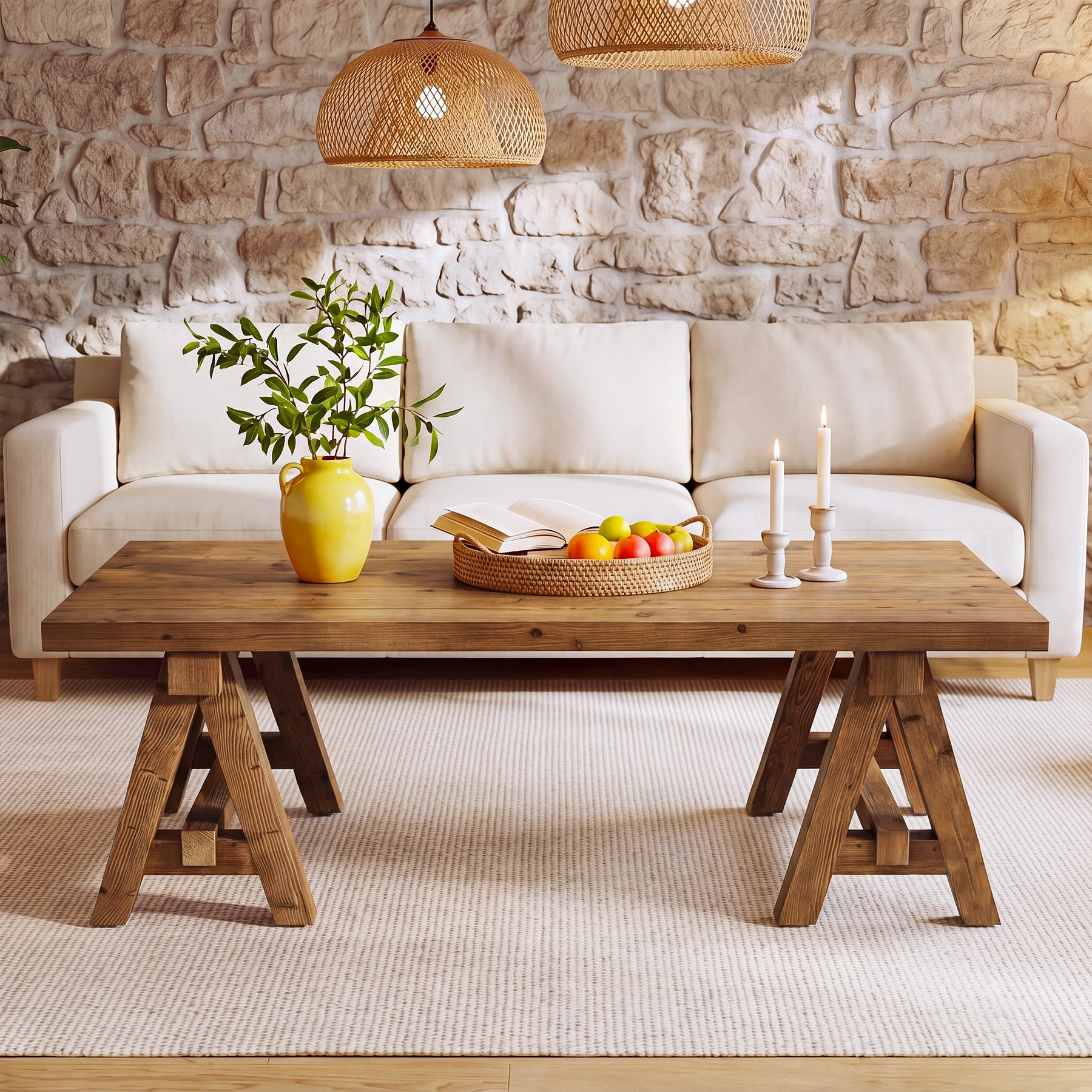 Solid Wood Coffee Table, 47" Farmhouse Center Table with Trestle Base for Living Room